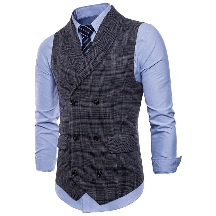 aesido Dark Grey Plaid Double-Breasted Slim Fit Men's Vest