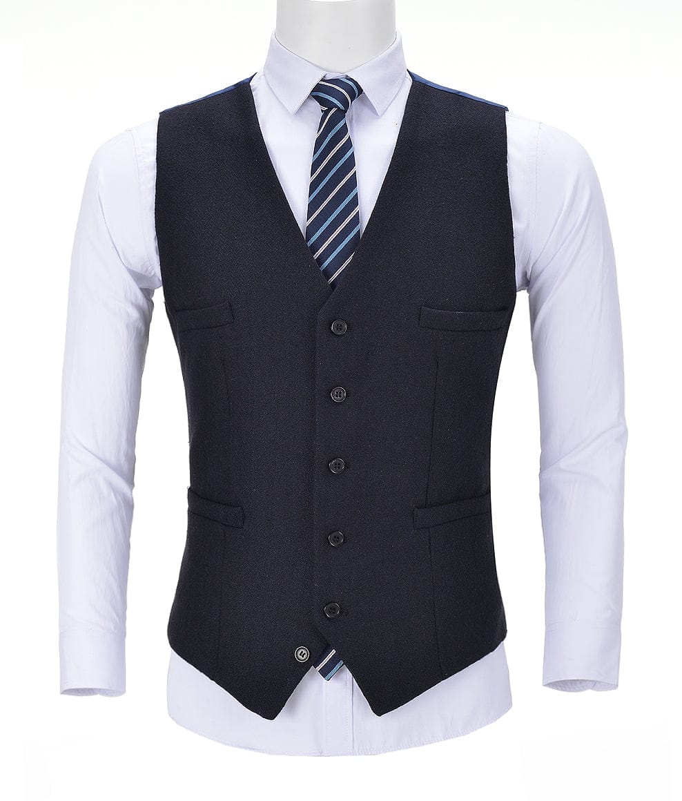 aesido Formal Black Herringbone V Neck Waistcoat