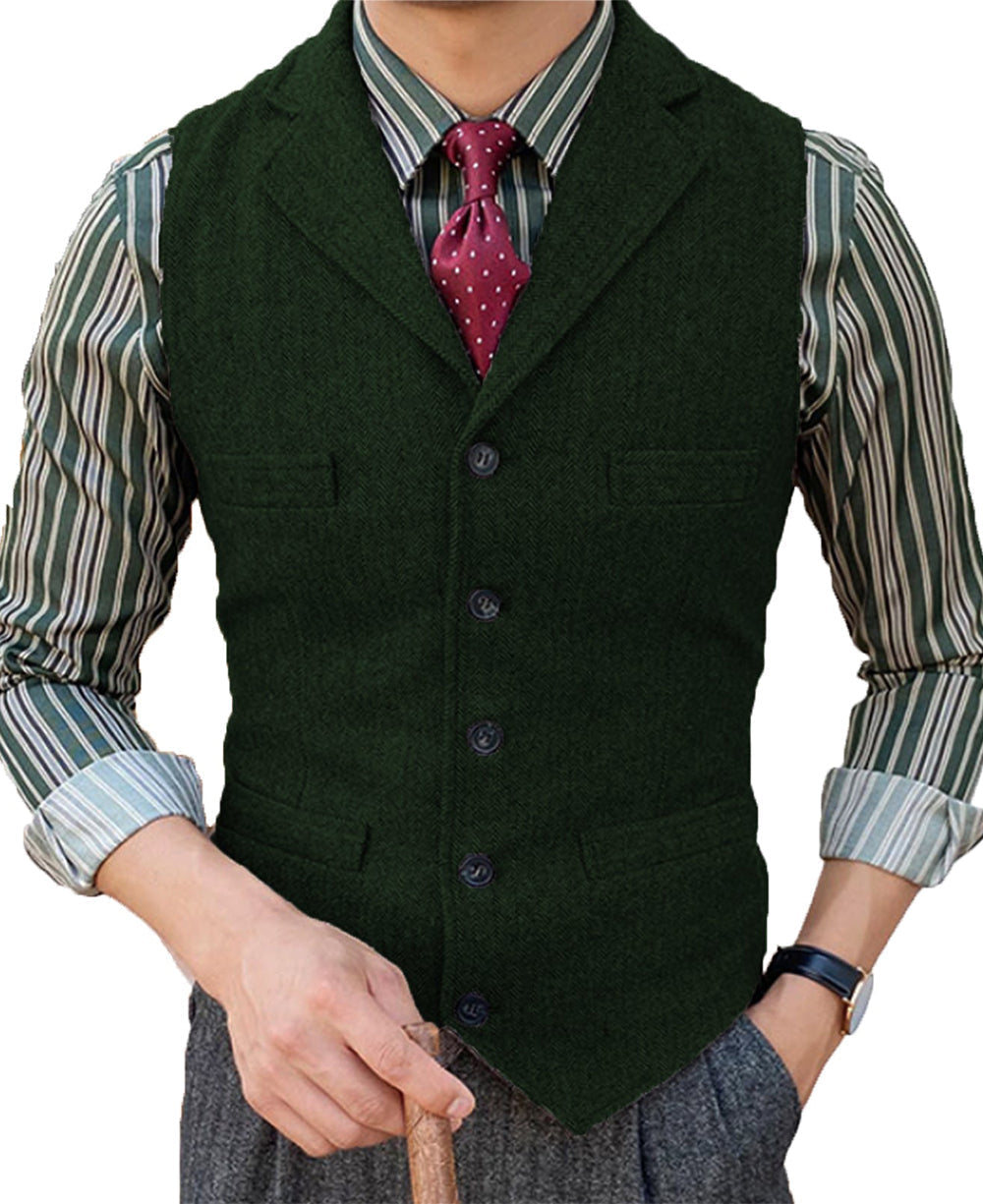 Formal Men's Suit Vest Herringbone Notch Lapel Waistcoat | Aesido Army Green / S Formal Men's Suit Vest Herringbone Notch Lapel Waistcoat | Aesido Army Green / S