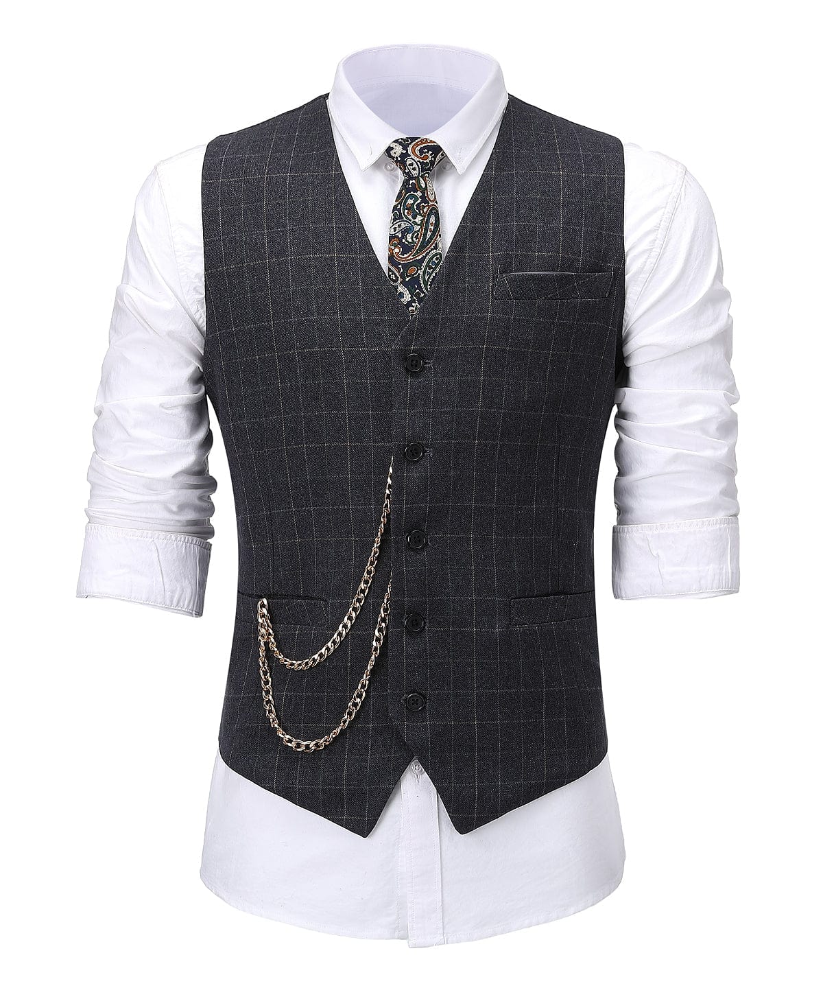 Formal Suit Vest Black Plaid V Neck Waistcoat | Aesido Black / M Formal Suit Vest Black Plaid V Neck Waistcoat | Aesido Black / M