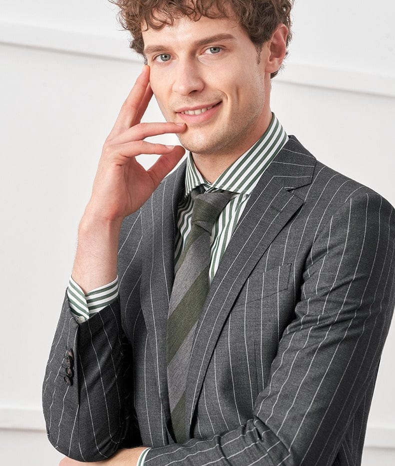aesido Gray 2 Piece Striped Business Casual Slim Fit Men's Suit Groom Wedding Dress