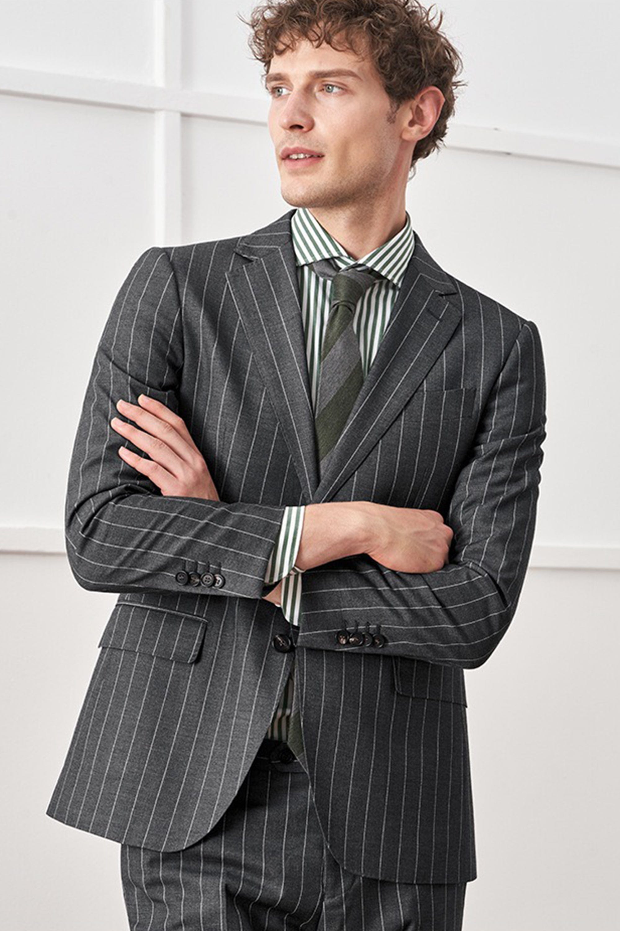 aesido Gray 2 Piece Striped Business Casual Slim Fit Men's Suit Groom Wedding Dress