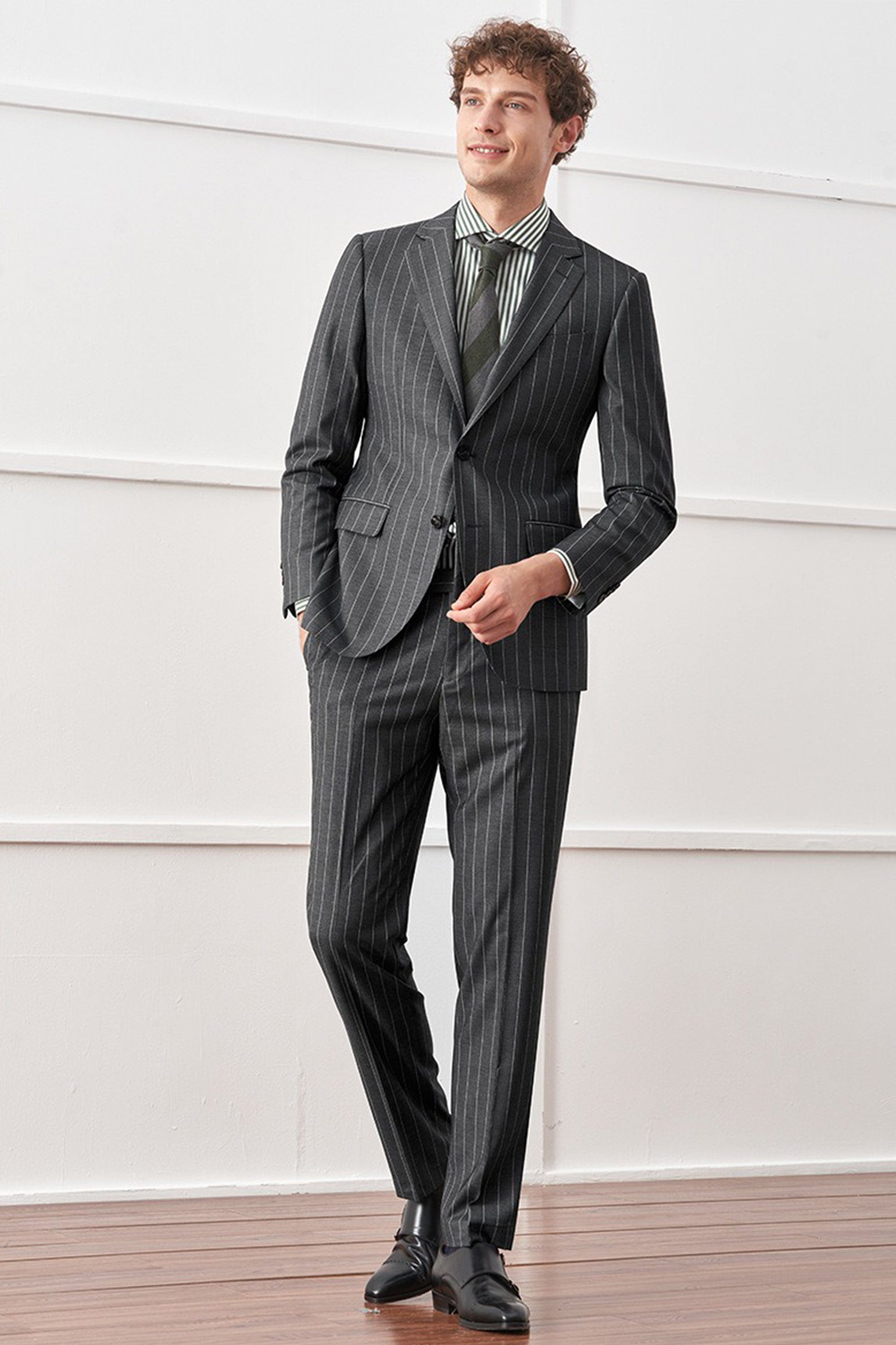 aesido Gray 2 Piece Striped Business Casual Slim Fit Men's Suit Groom Wedding Dress