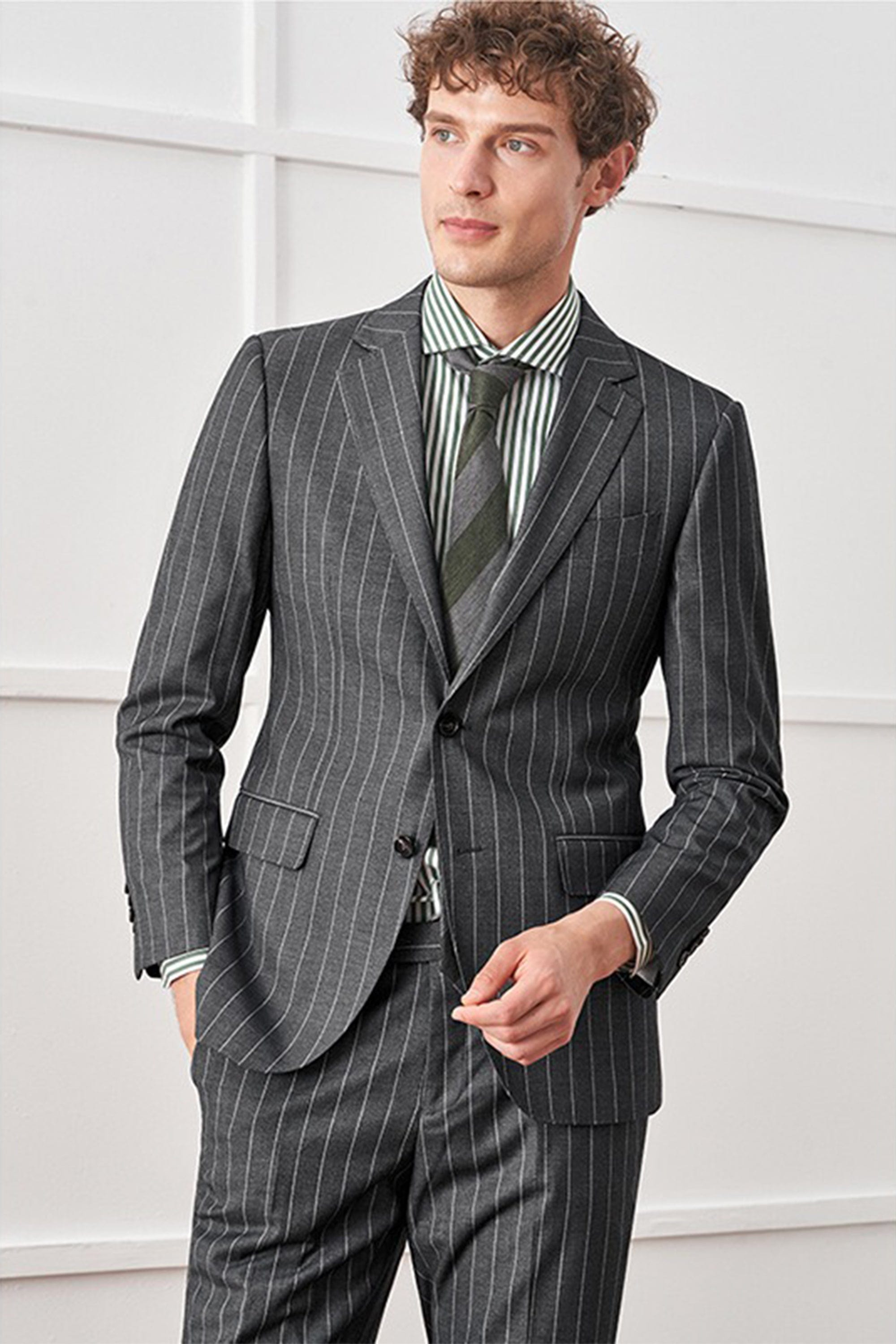 aesido Gray 2 Piece Striped Business Casual Slim Fit Men's Suit Groom Wedding Dress