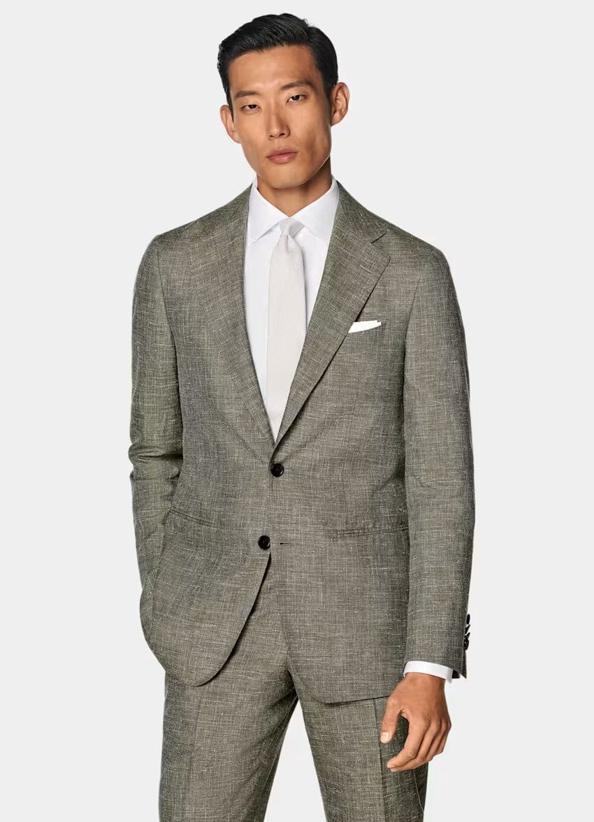 aesido Green 2 Piece Summer Linen Double Button Business Casual Men Suit (Blazer+Pants)