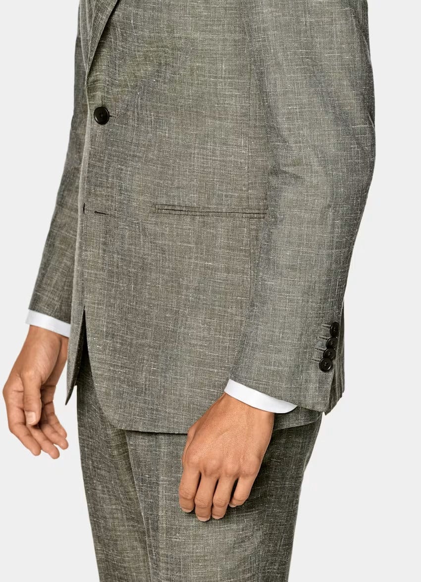 aesido Green 2 Piece Summer Linen Double Button Business Casual Men Suit (Blazer+Pants)