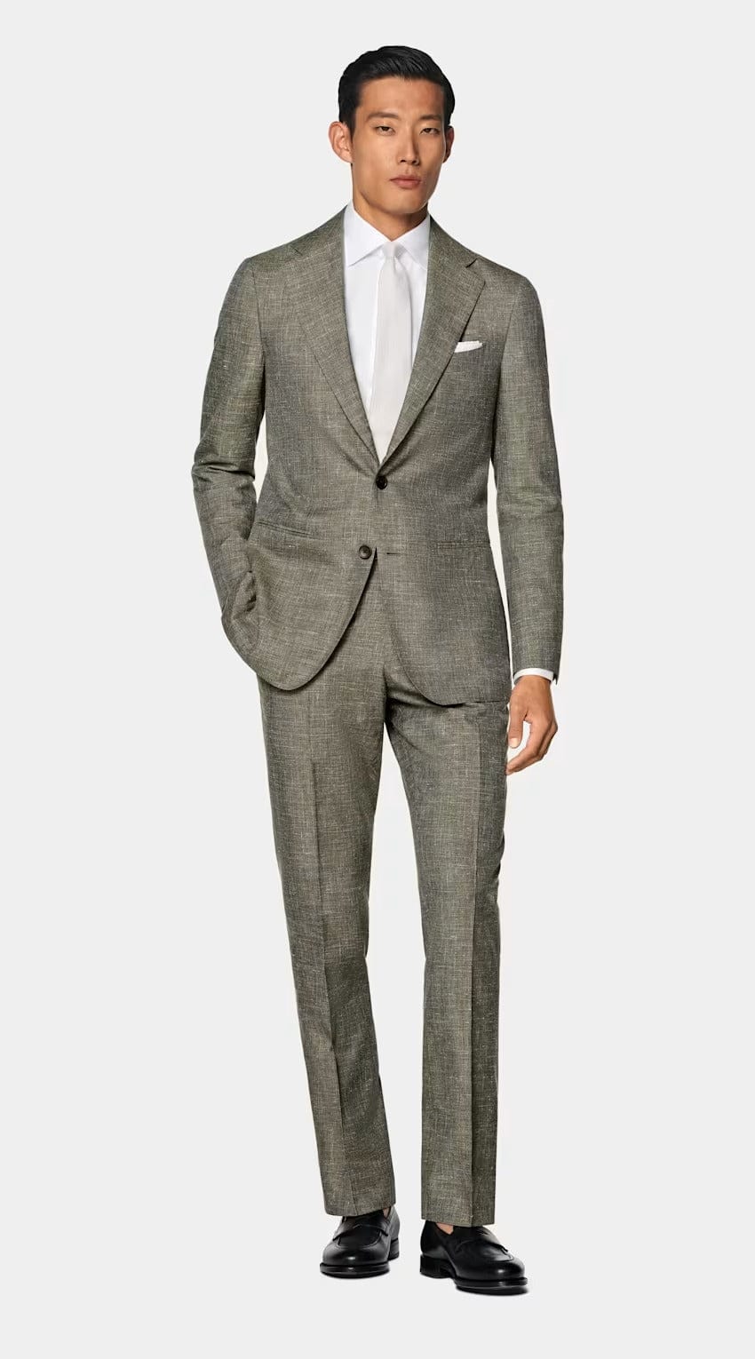 aesido Green 2 Piece Summer Linen Double Button Business Casual Men Suit (Blazer+Pants)