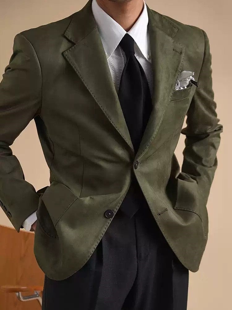 Green Vintage Suede Jacket Business Casual Notch Lapel Men Blazer Army Green / 36R Green Vintage Suede Jacket Business Casual Notch Lapel Men Blazer Army Green / 36R