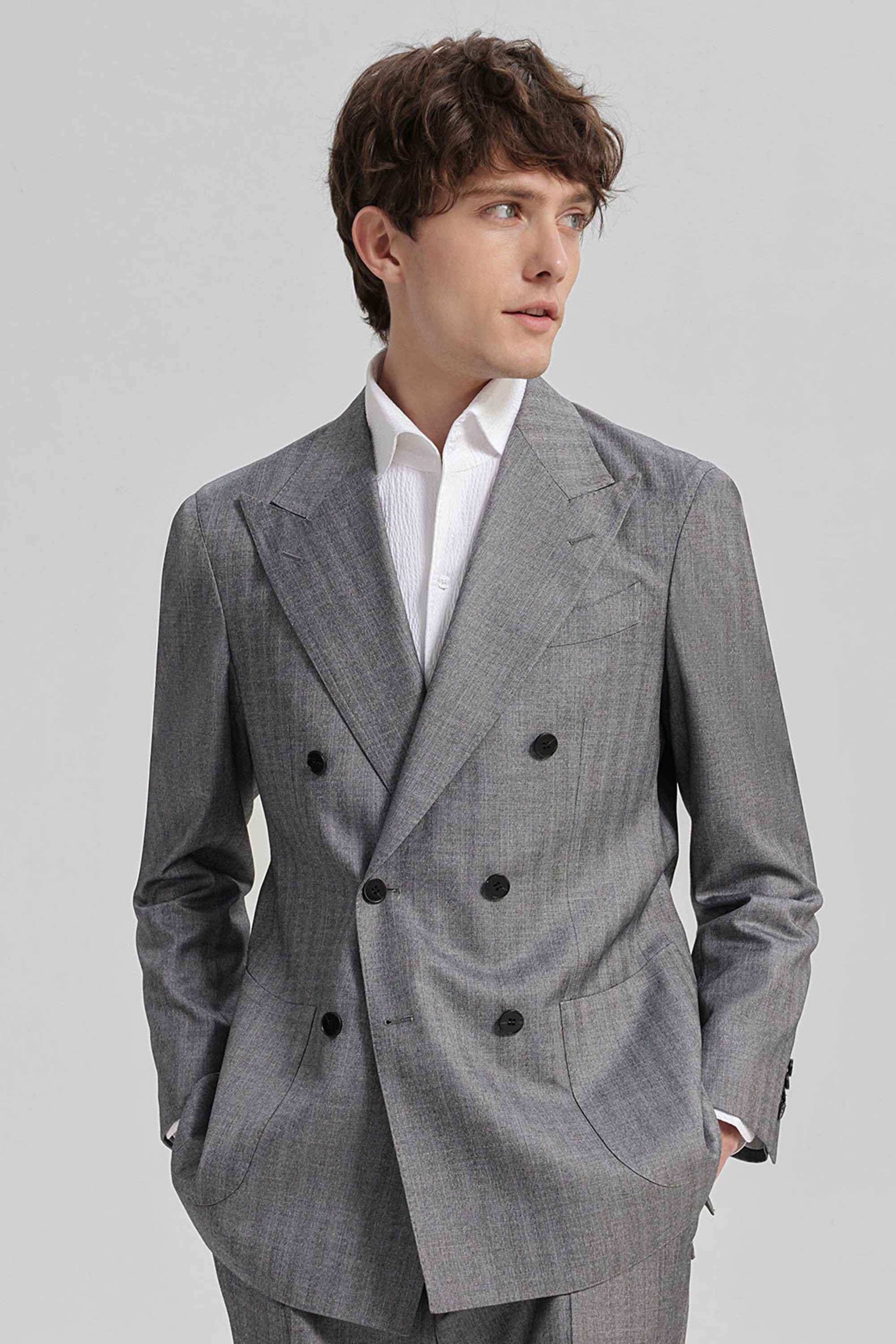aesido Grey 2 Piece Double Breasted Peaked Lapel Business Casual Striped Men's Suit