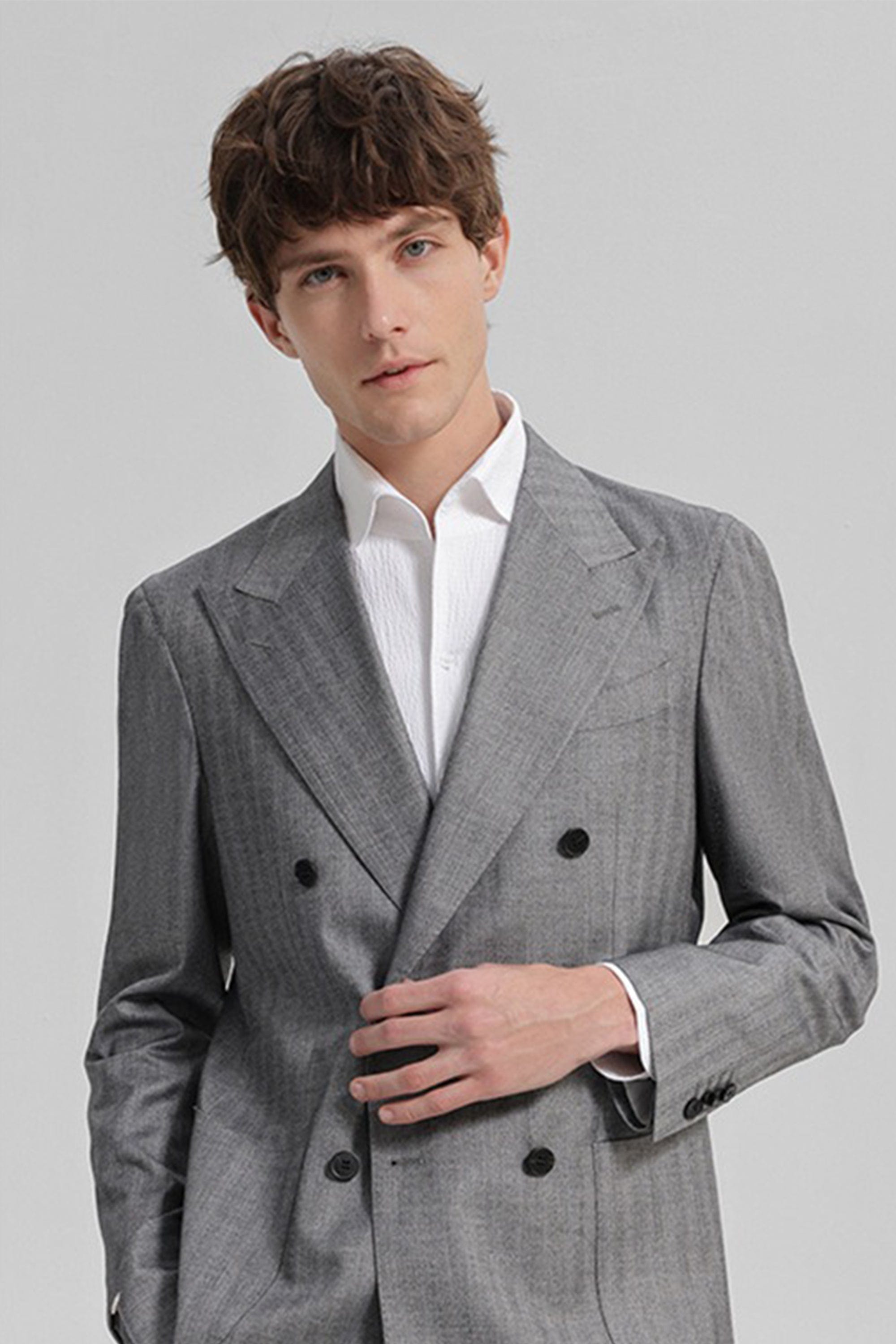 aesido Grey 2 Piece Double Breasted Peaked Lapel Business Casual Striped Men's Suit