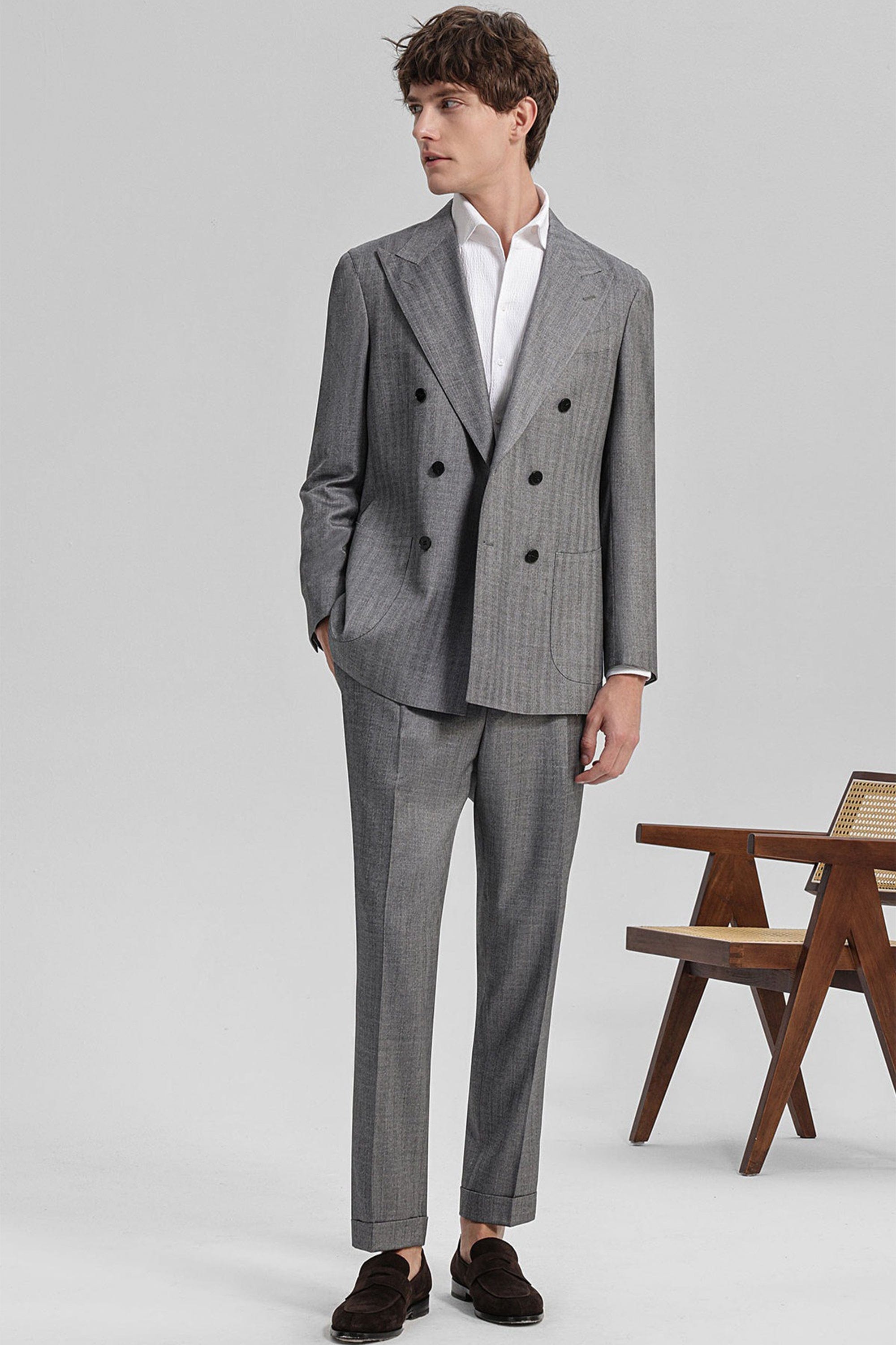 aesido Grey 2 Piece Double Breasted Peaked Lapel Business Casual Striped Men's Suit