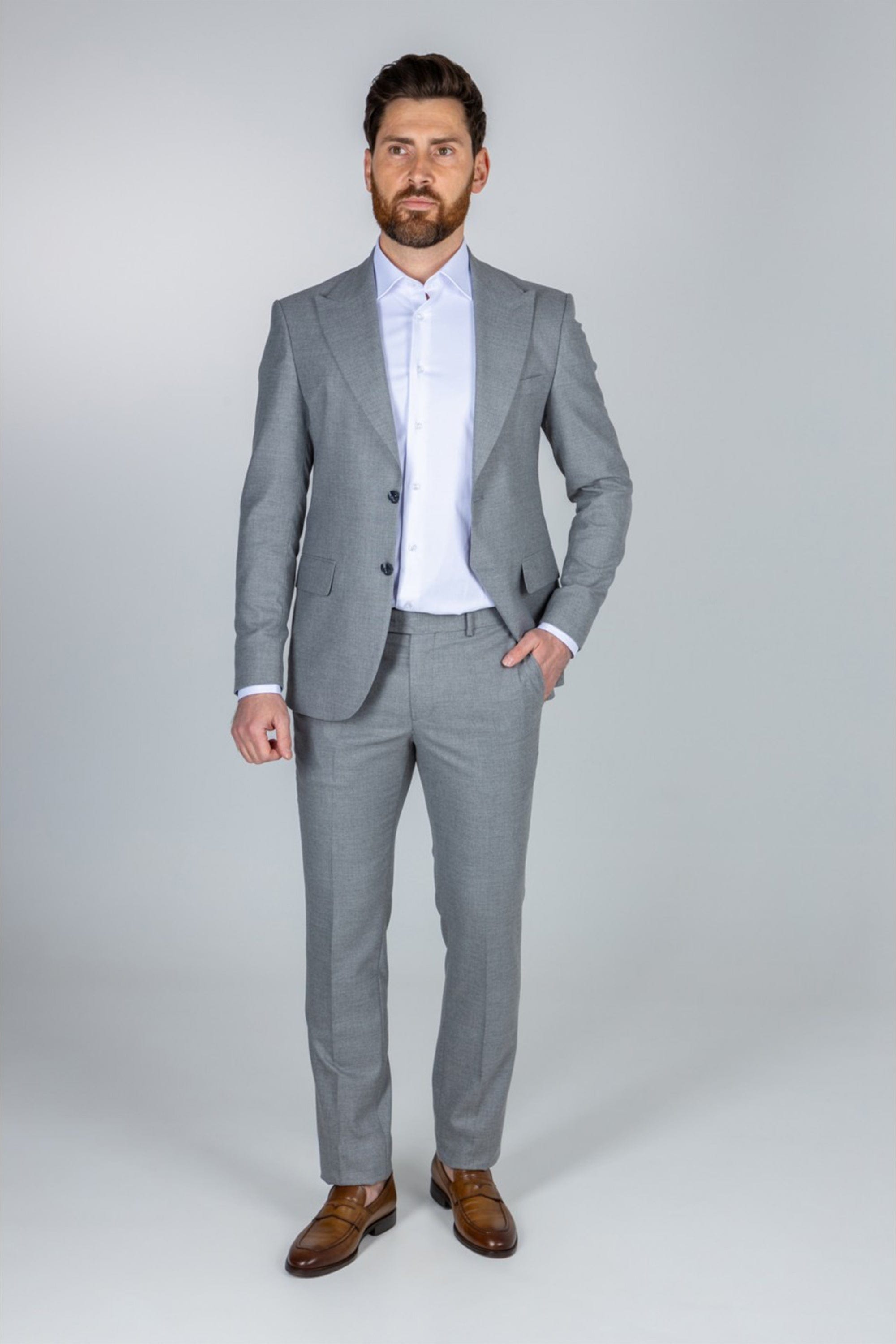 aesido Grey 2 Piece Double Button Peak Lapel Business Casual Men Suit