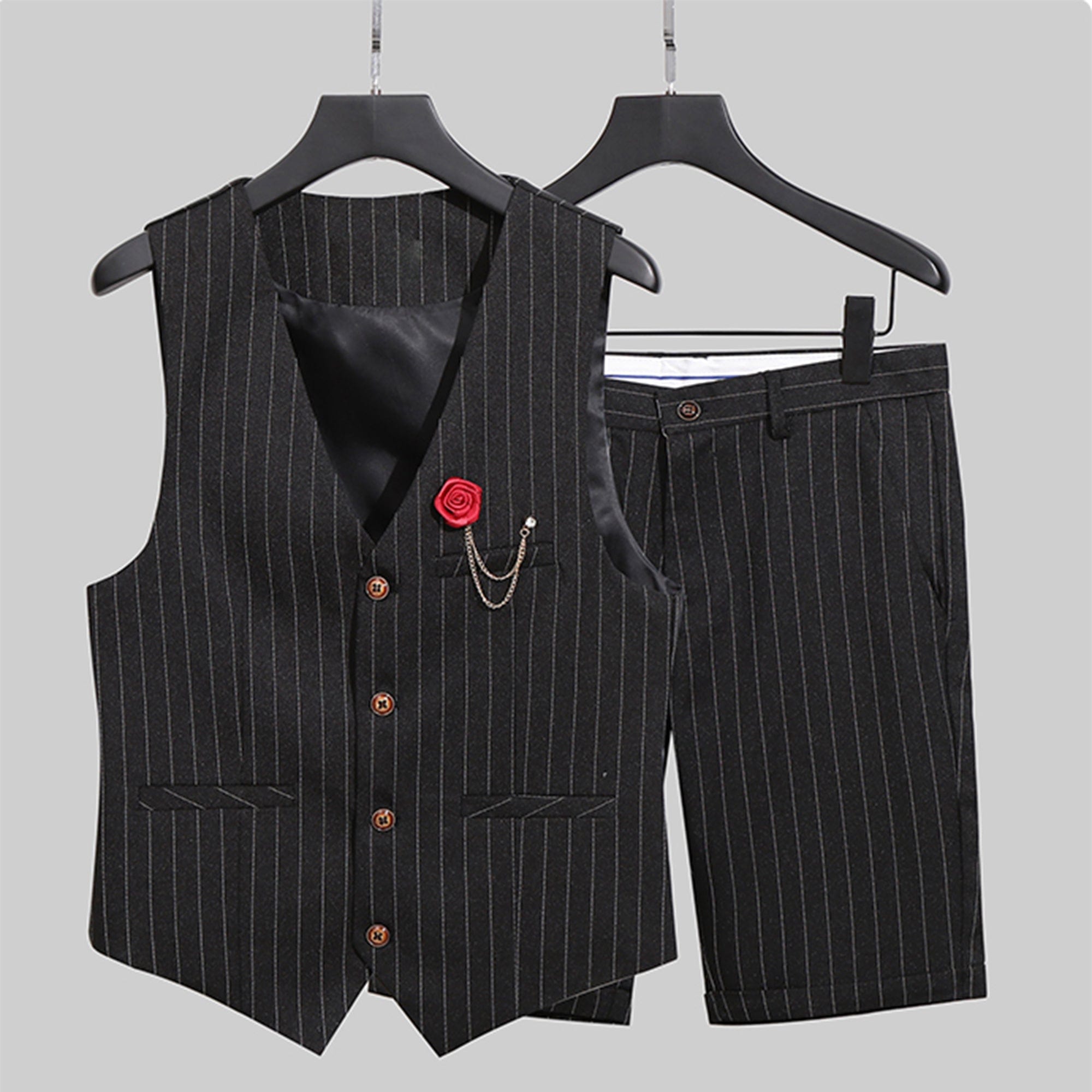 aesido Grey 2 Piece Striped Casual Slim Fit Men's Waistcoat (Vest+Shorts)
