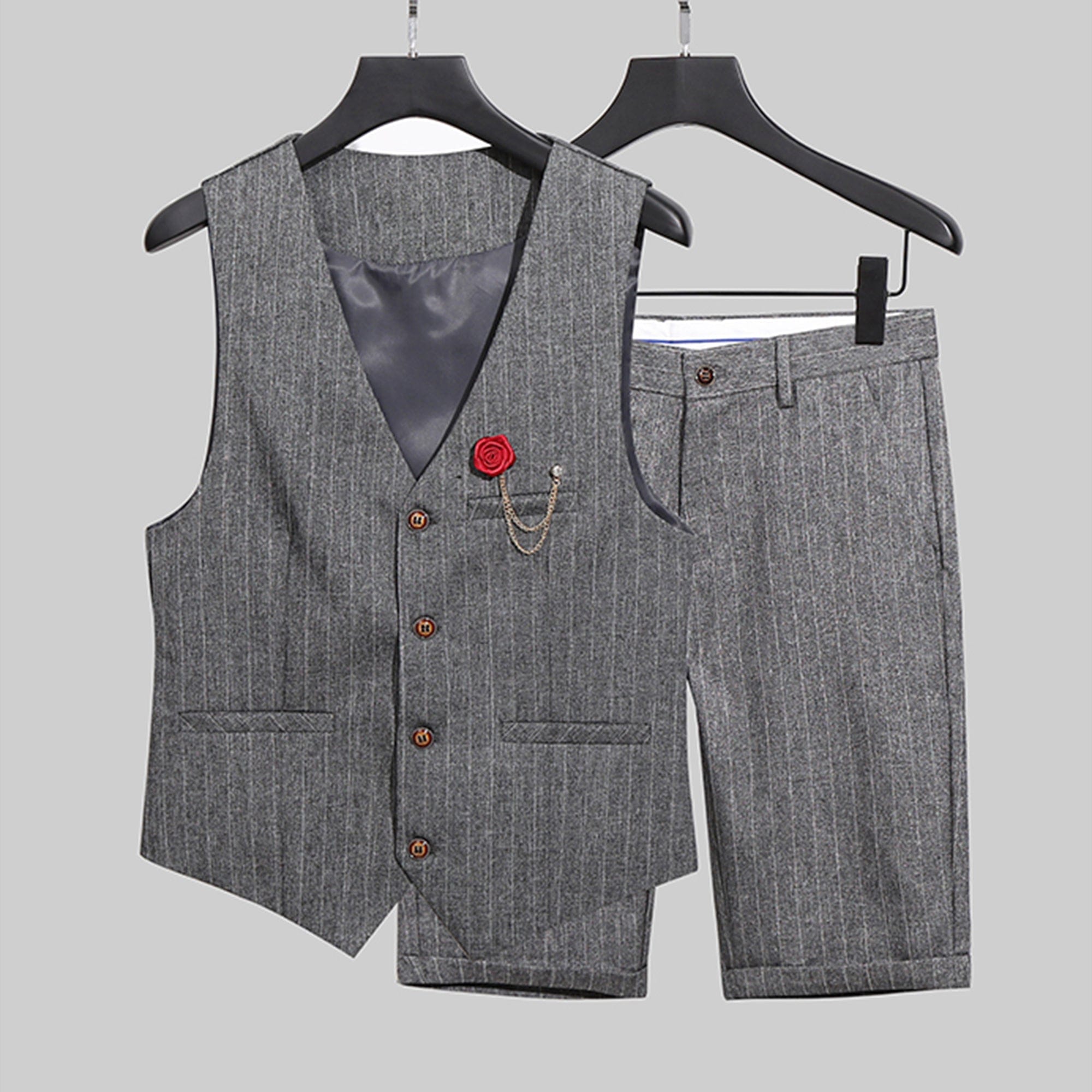 aesido Grey 2 Piece Striped Casual Slim Fit Men's Waistcoat (Vest+Shorts)