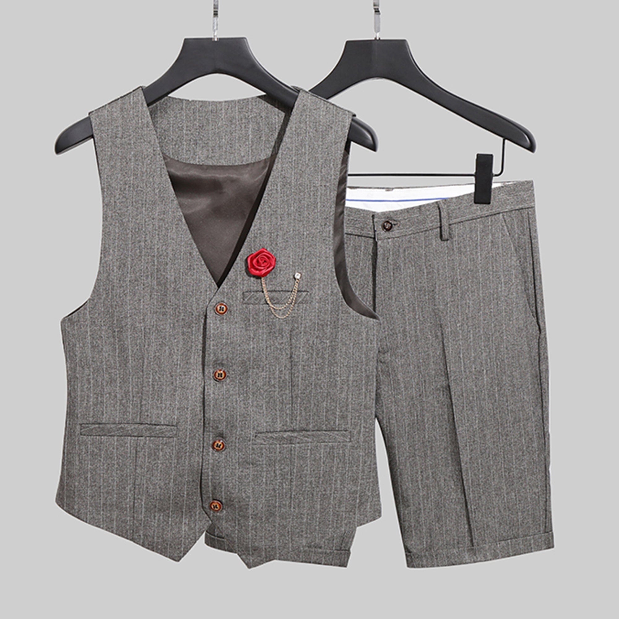 aesido Grey 2 Piece Striped Casual Slim Fit Men's Waistcoat (Vest+Shorts)