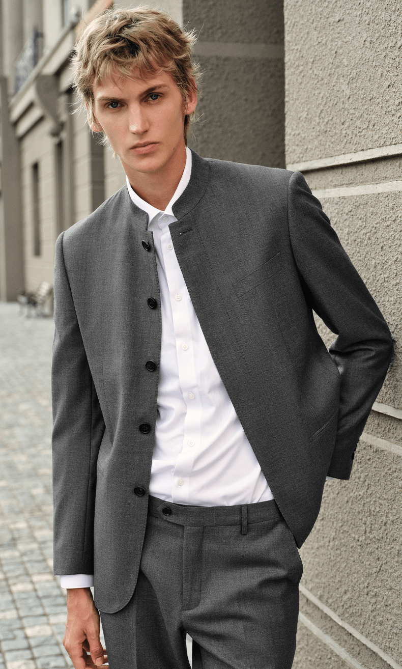 aesido Grey 2 Piece Zhongshan Suit Single Breasted Stand Collar Business Casual Men's Suit