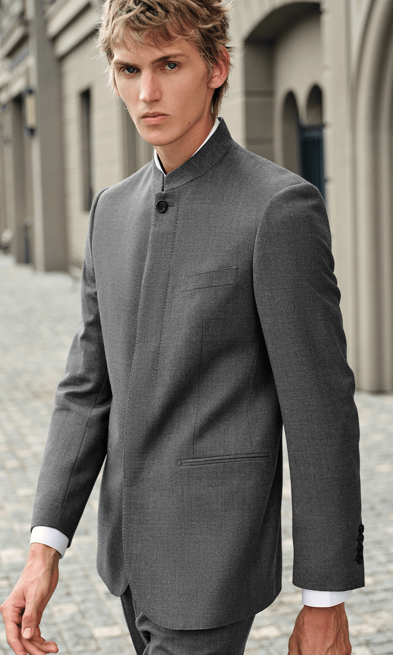 aesido Grey 2 Piece Zhongshan Suit Single Breasted Stand Collar Business Casual Men's Suit