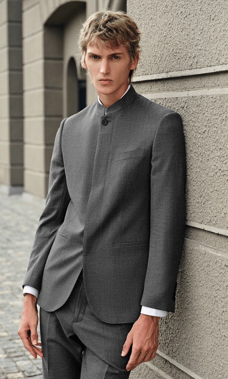 aesido Grey 2 Piece Zhongshan Suit Single Breasted Stand Collar Business Casual Men's Suit