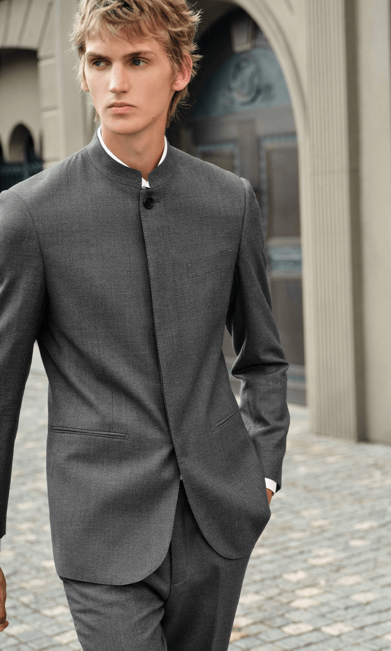 aesido Grey 2 Piece Zhongshan Suit Single Breasted Stand Collar Business Casual Men's Suit