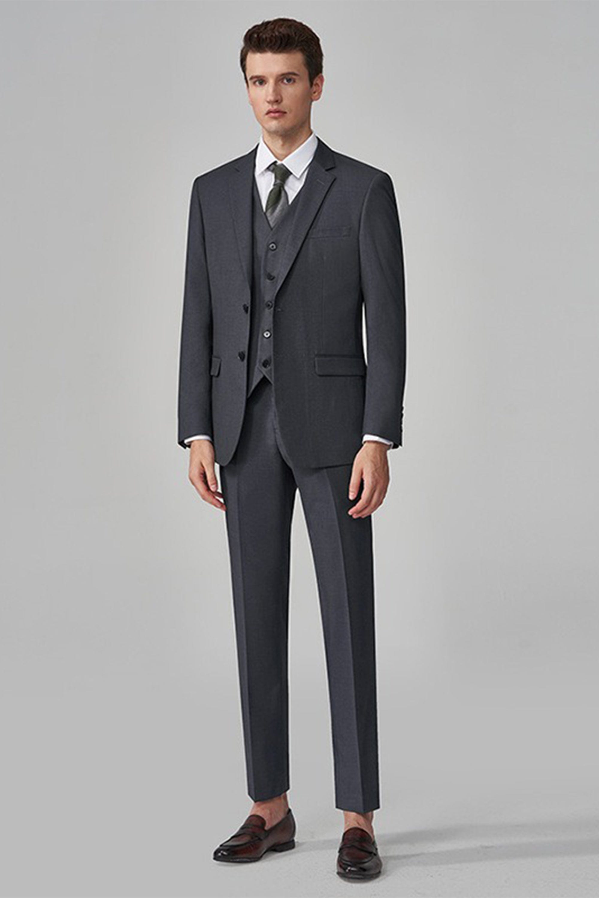 aesido Grey 3 Piece Business Casual Slim Fit Men Suit (Blazer+Pants)