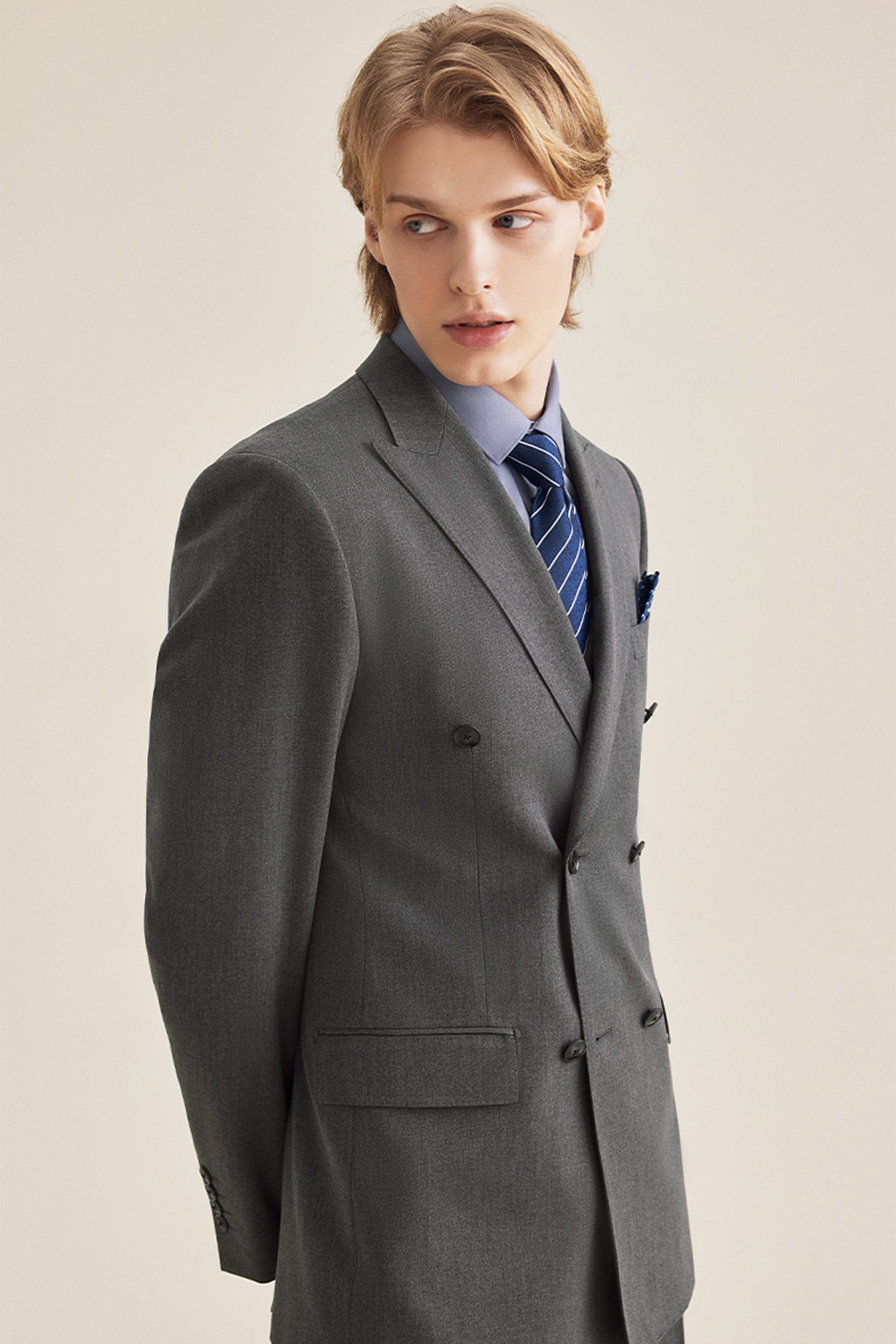 aesido Grey 3 Piece Double Breasted Business Casual Slim Fit Men's Suit Groom Wedding Reception Dress