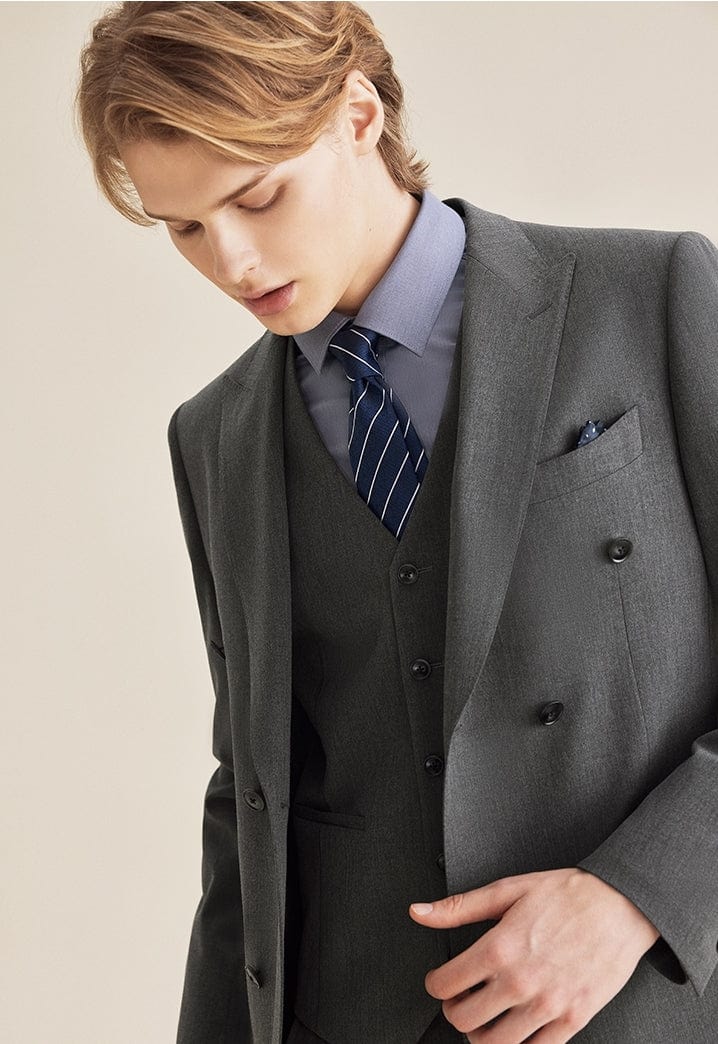 aesido Grey 3 Piece Double Breasted Business Casual Slim Fit Men's Suit Groom Wedding Reception Dress