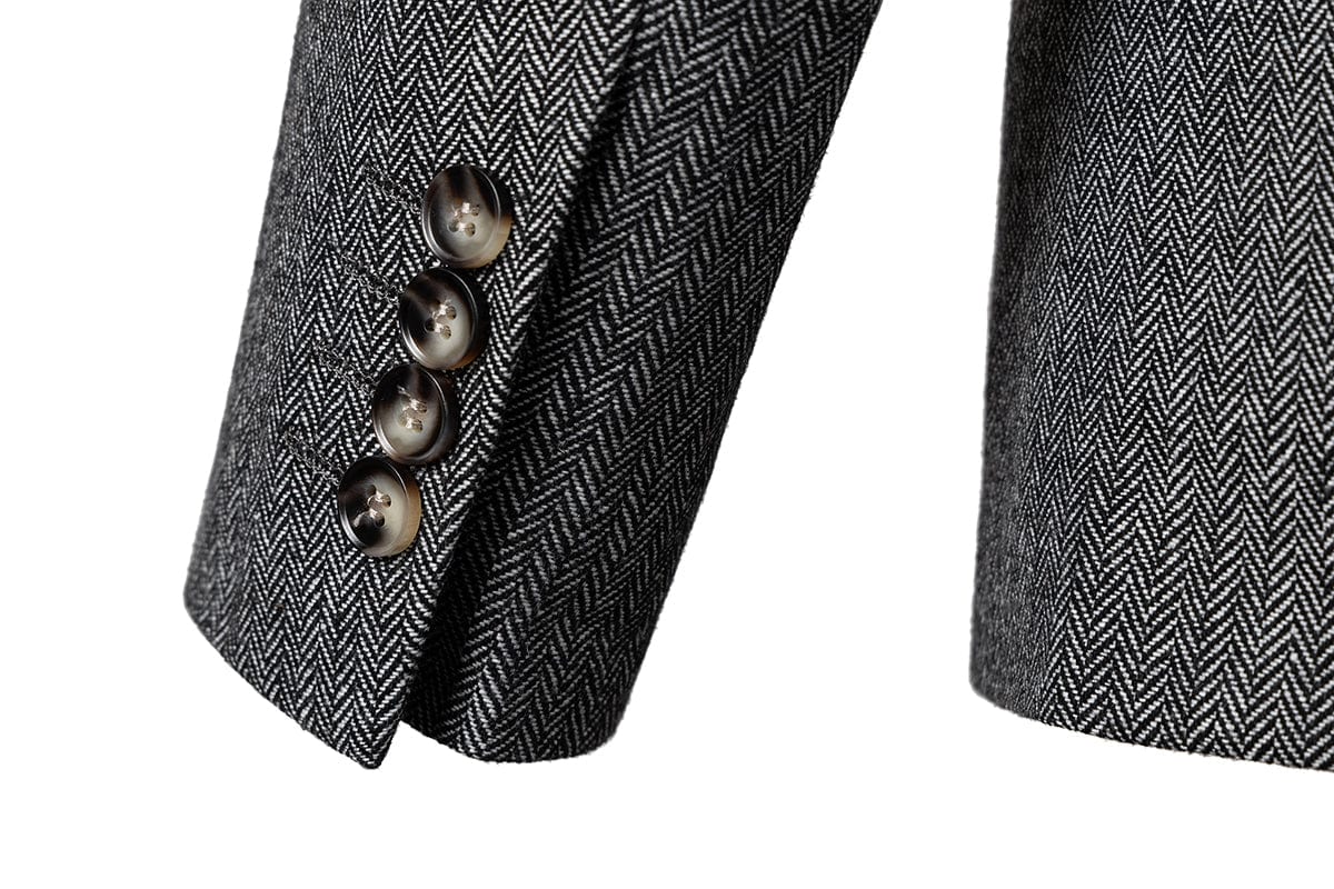 aesido Grey 3 Piece Herringbone Single Button Peak Lapel Business Casual Men Suit (Blazer+Vest+Pants)