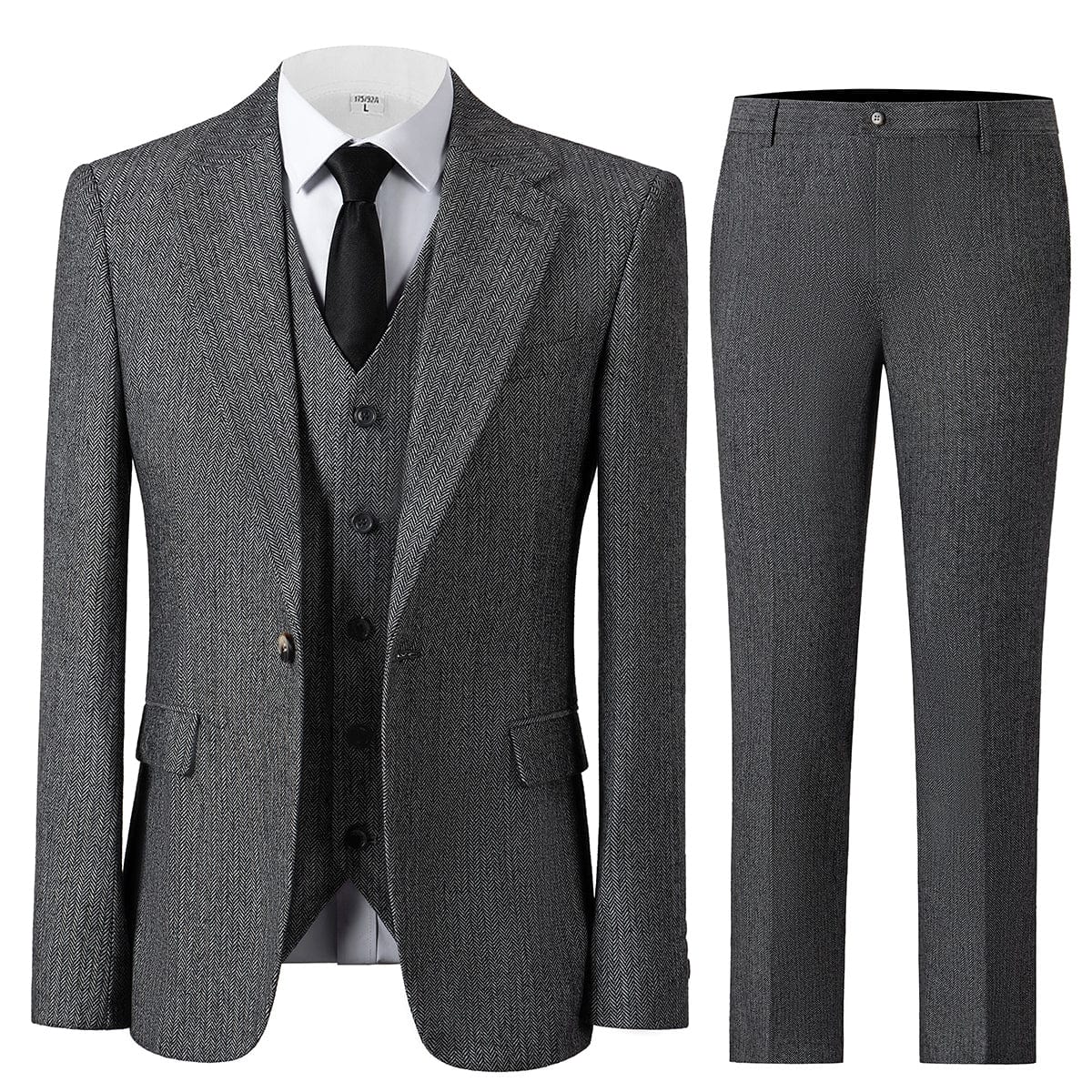 aesido Grey 3 Piece Herringbone Single Button Peak Lapel Business Casual Men Suit (Blazer+Vest+Pants)