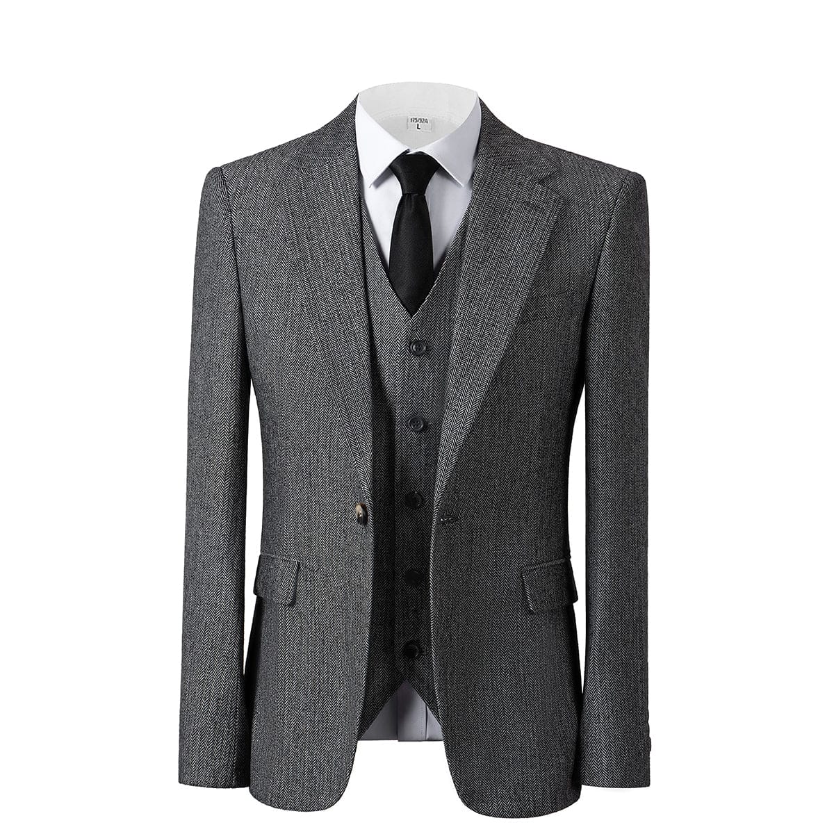 aesido Grey 3 Piece Herringbone Single Button Peak Lapel Business Casual Men Suit (Blazer+Vest+Pants)