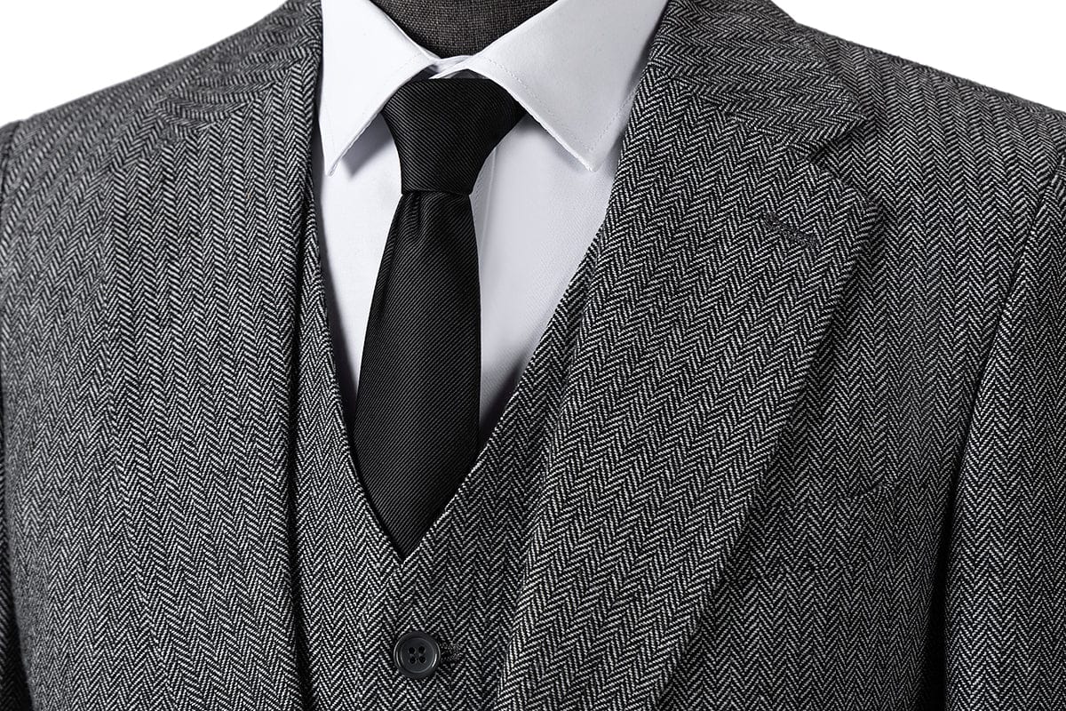 aesido Grey 3 Piece Herringbone Single Button Peak Lapel Business Casual Men Suit (Blazer+Vest+Pants)