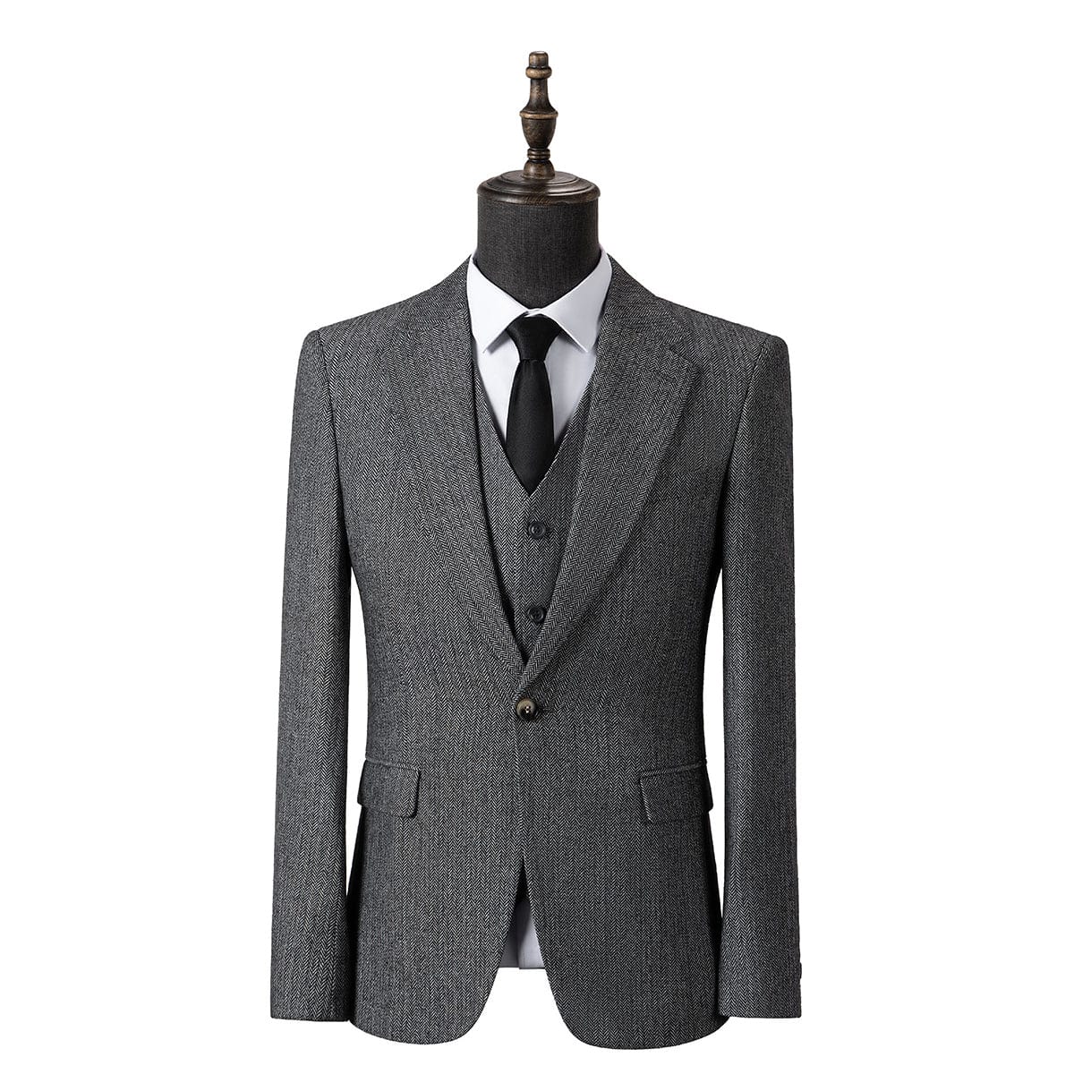 aesido Grey 3 Piece Herringbone Single Button Peak Lapel Business Casual Men Suit (Blazer+Vest+Pants)