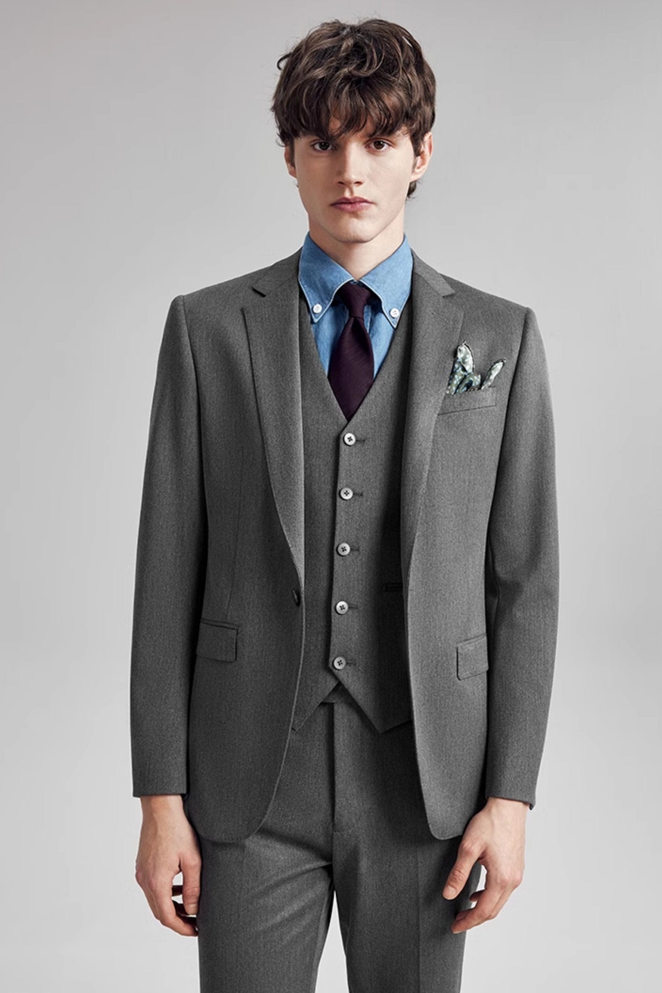 aesido Grey 3 Piece Single Button Business Casual Slim Fit Men's Suit Groom Wedding Dress