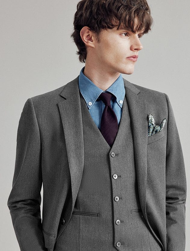 aesido Grey 3 Piece Single Button Business Casual Slim Fit Men's Suit Groom Wedding Dress