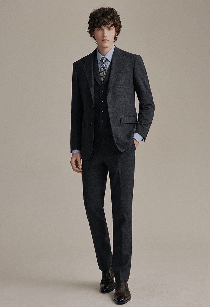 aesido Grey 3 Piece Tweed Business Casual Slim Fit Men Suit Groom Wedding Dress