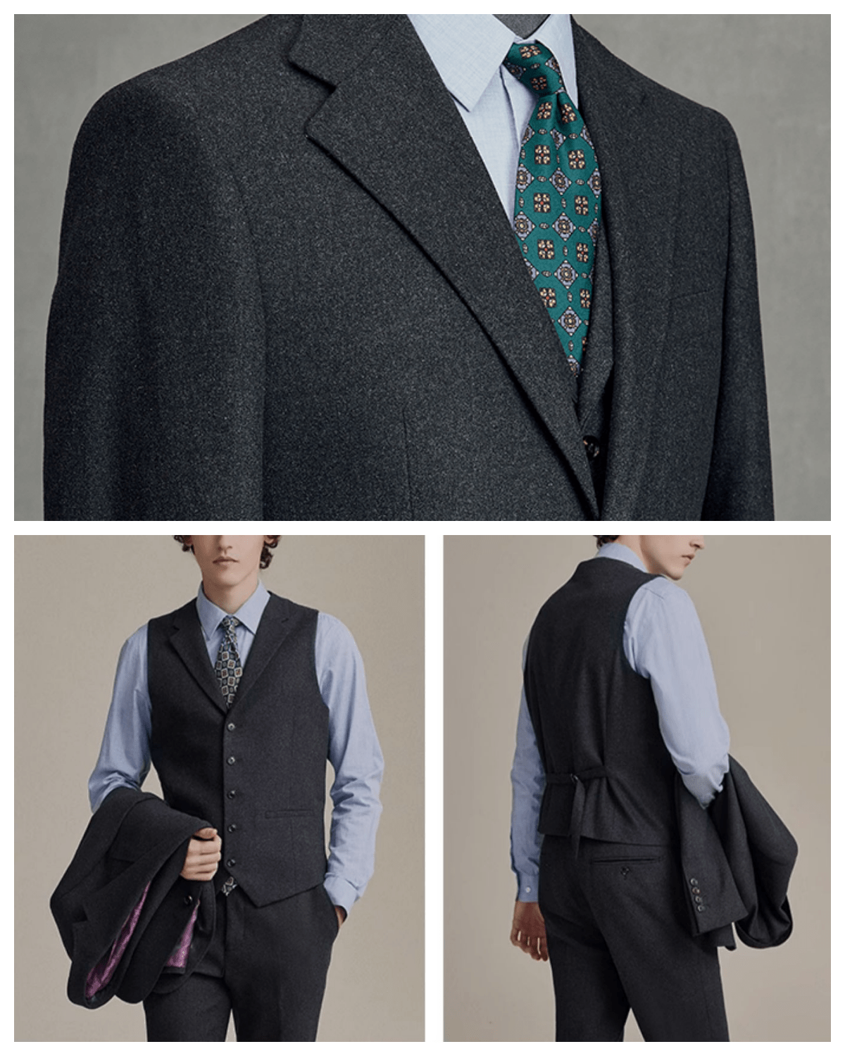 aesido Grey 3 Piece Tweed Business Casual Slim Fit Men Suit Groom Wedding Dress