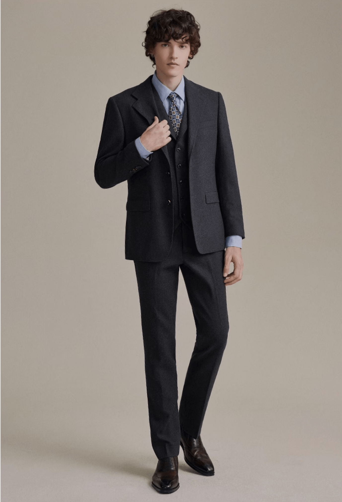 aesido Grey 3 Piece Tweed Business Casual Slim Fit Men Suit Groom Wedding Dress