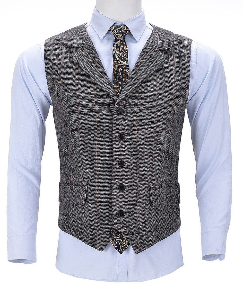 Grey Casual Men's Suit Vest Plaid Notch Lapel Waistcoat Grey Casual Men's Suit Vest Plaid Notch Lapel Waistcoat