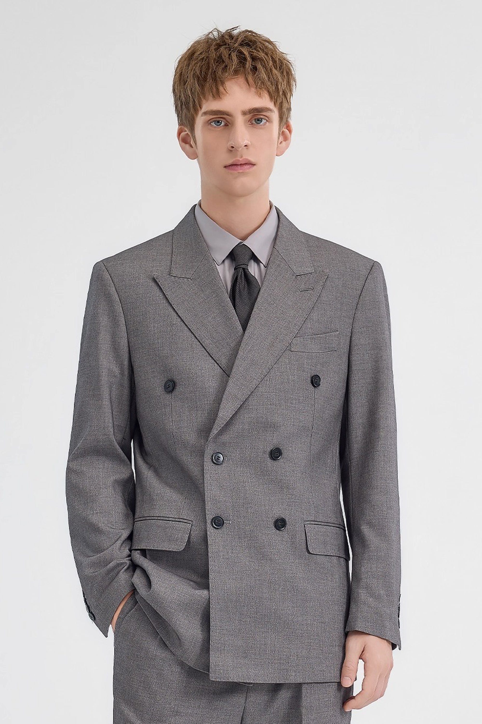 aesido Grey Men's Two-Piece Suit Double-Breasted Blazer and Trousers