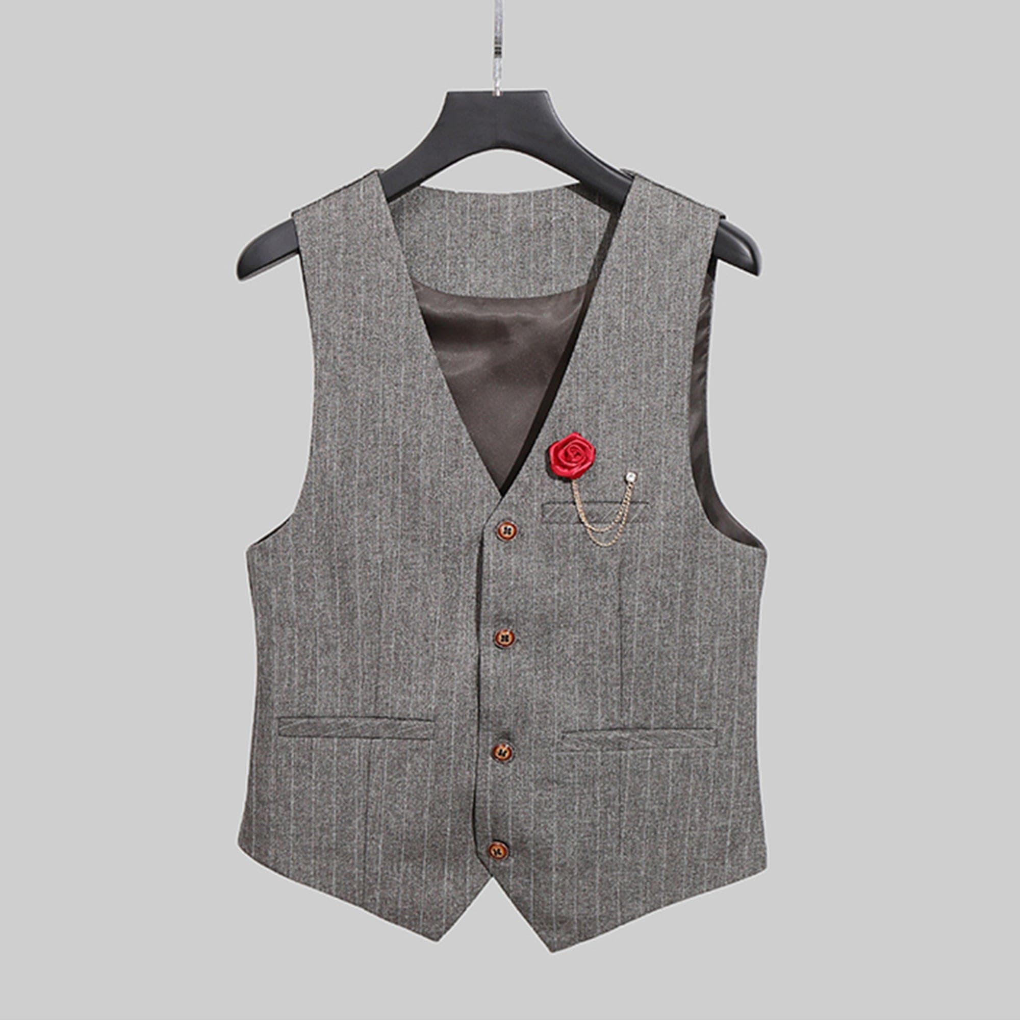 aesido Grey Striped V Neck Single Breasted Men Waistcoat