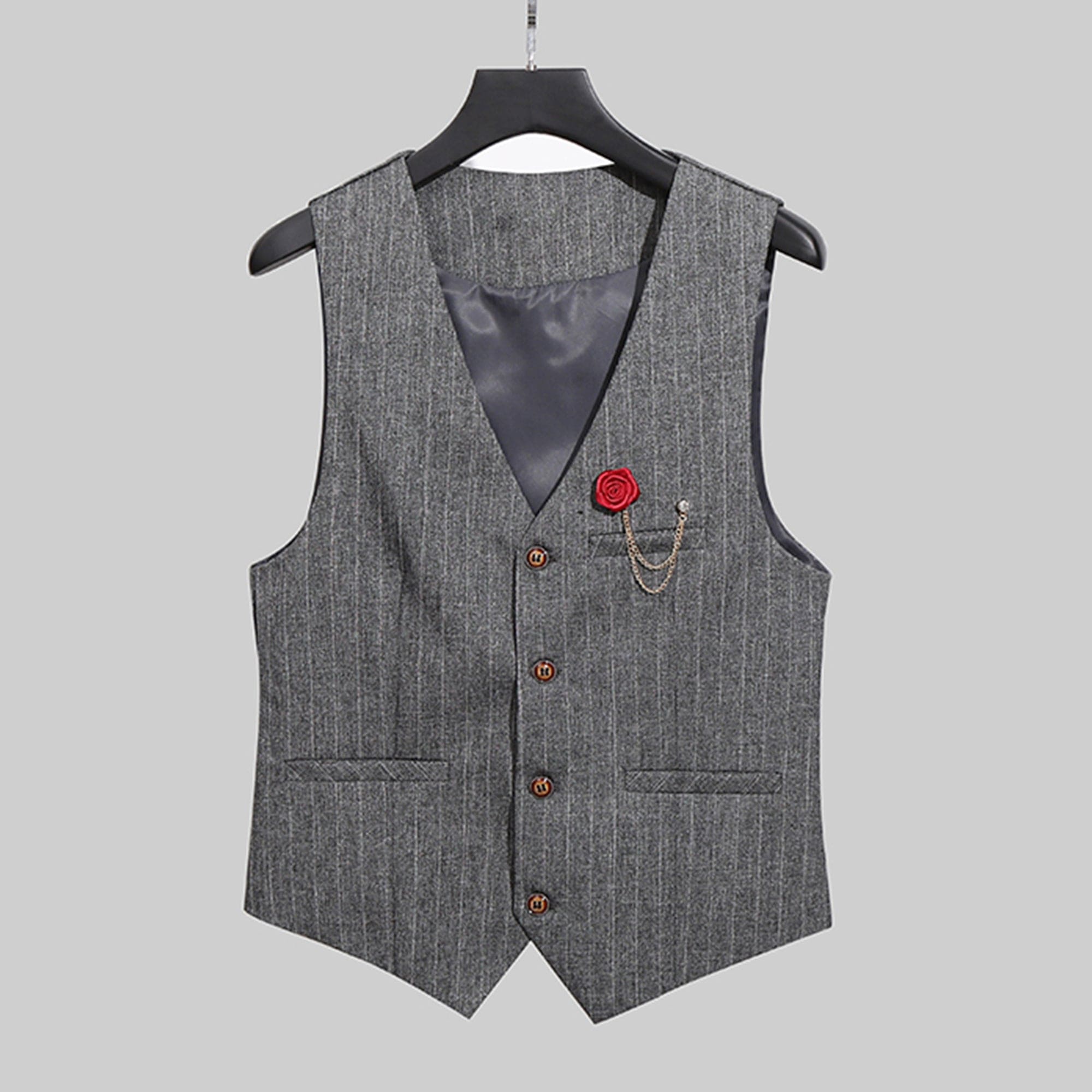 aesido Grey Striped V Neck Single Breasted Men Waistcoat