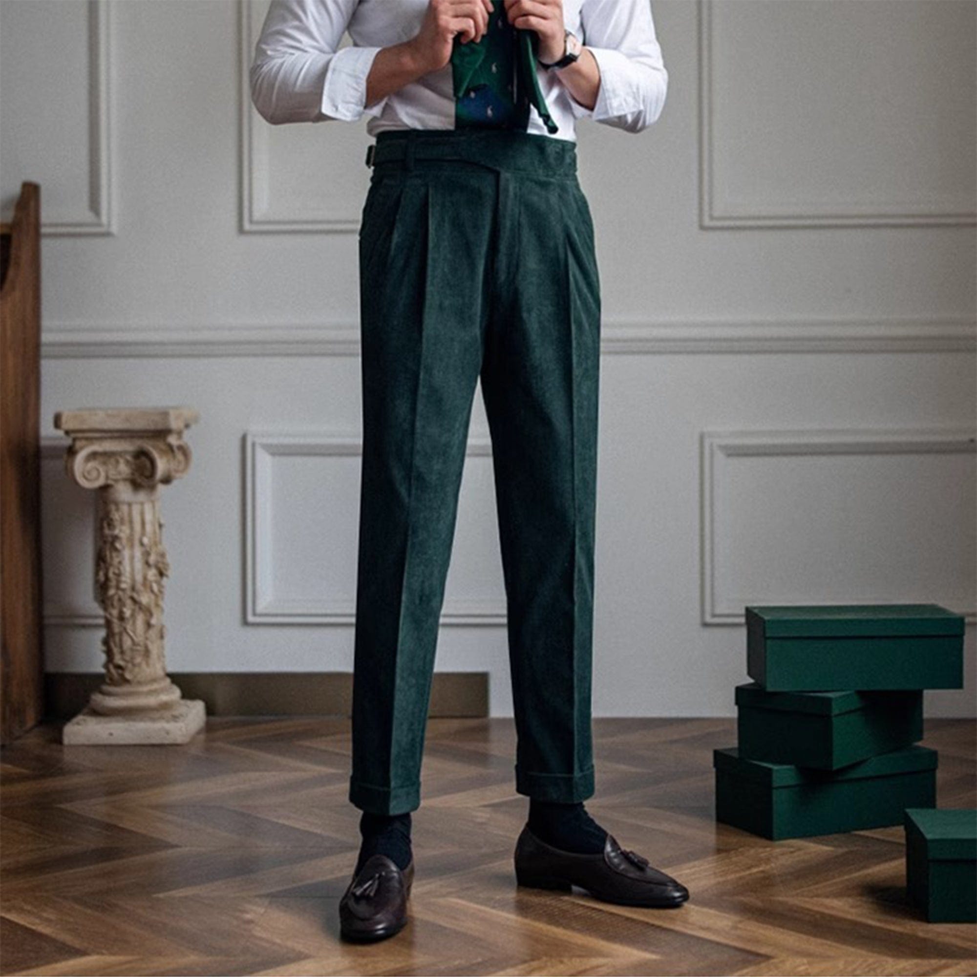 aesido Hunter Green Retro High-Waisted Straight-Leg Curled Corduroy Men's Trousers