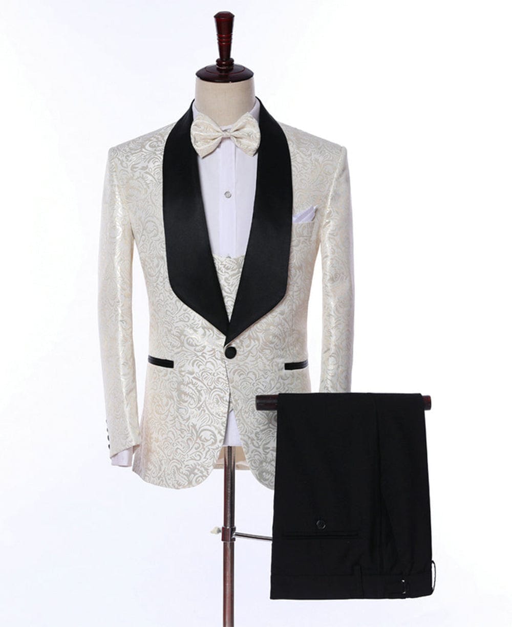aesido Ivory Patterned 2 Pieces Mens Suit Formal Shawl Lapel Tuxedos (Blazer+Vest+Pants)