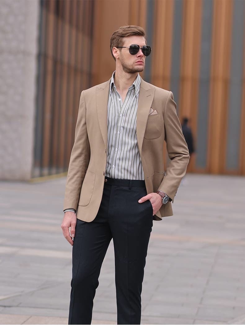 aesido Khaki Men's Double Button Slim Flt Casual Blazer