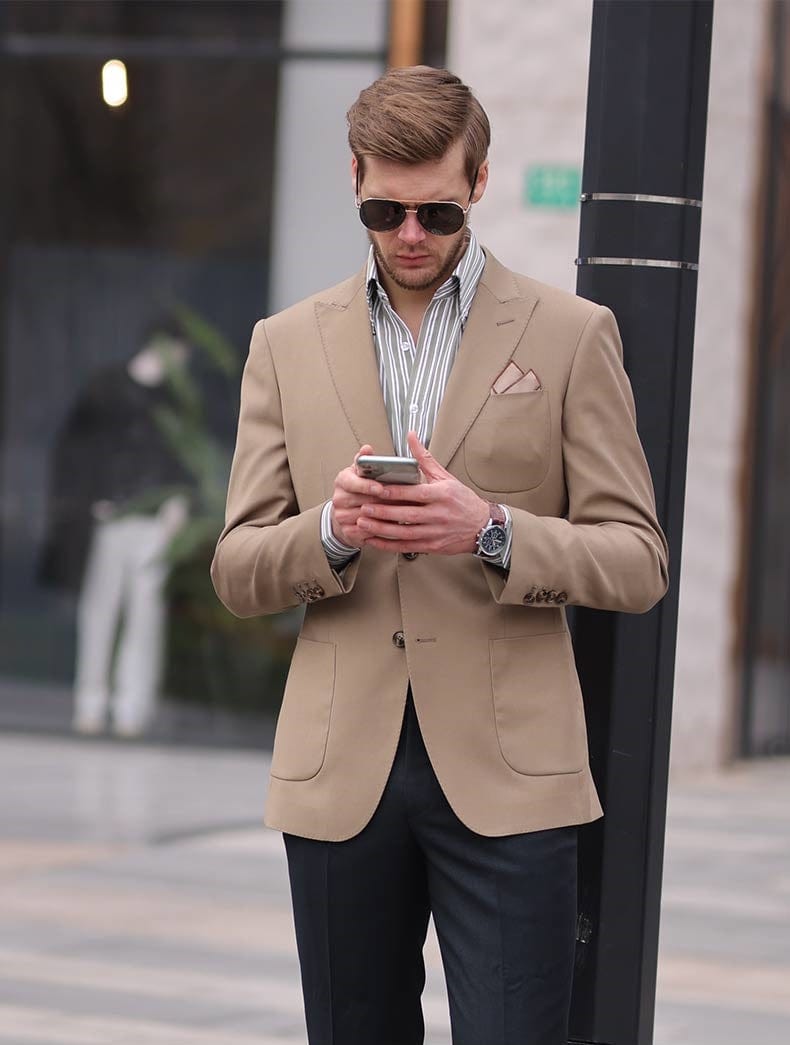 aesido Khaki Men's Double Button Slim Flt Casual Blazer