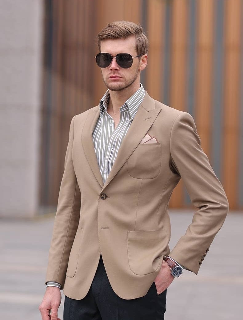 aesido Khaki Men's Double Button Slim Flt Casual Blazer