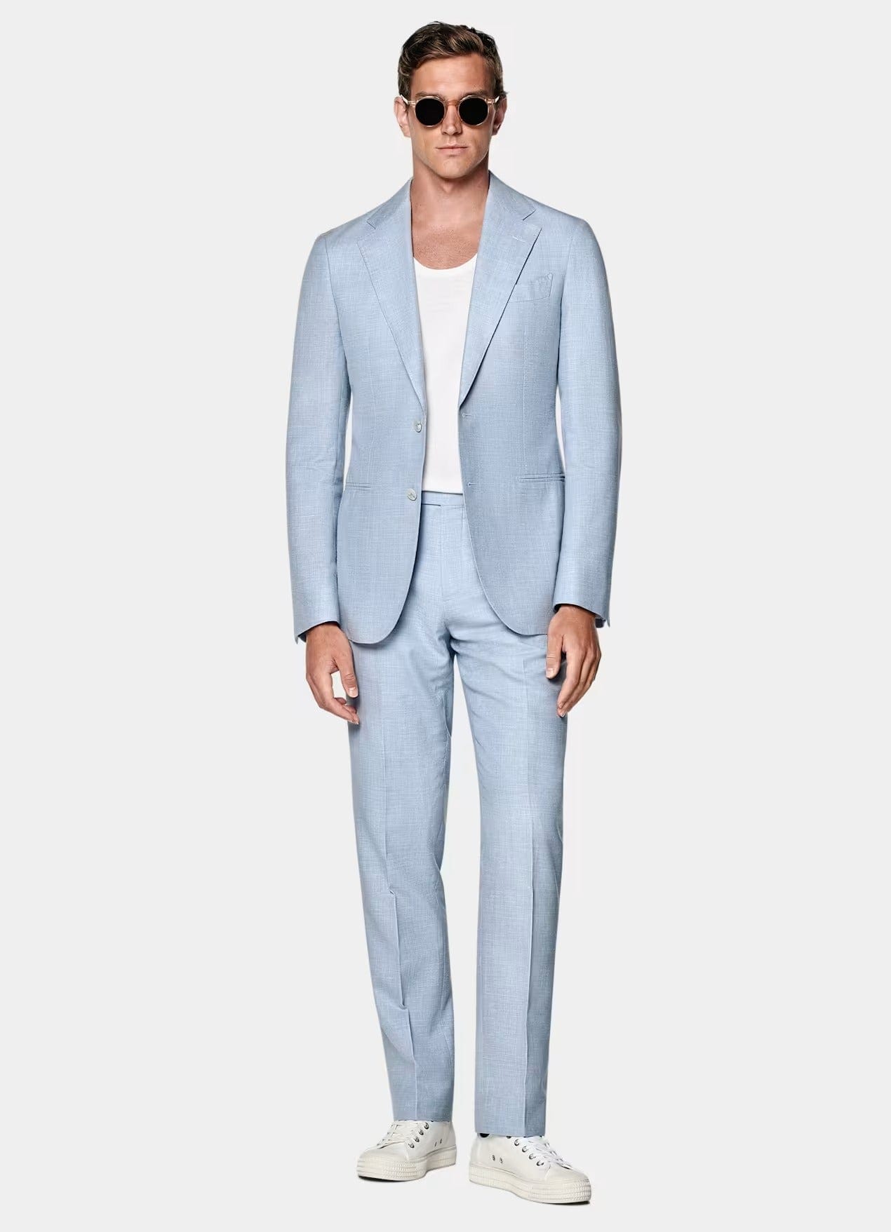 aesido Light Blue 2 Piece Summer Linen Double Button Casual Slim Fit Men Suit (Blazer+Pants)