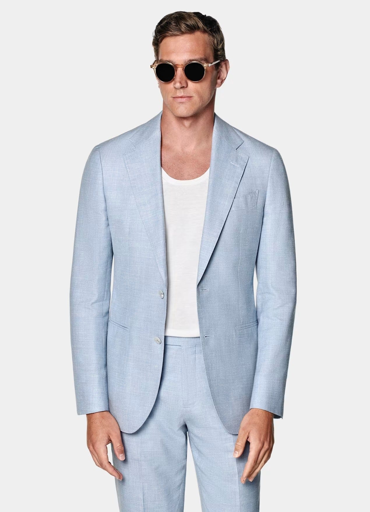 aesido Light Blue 2 Piece Summer Linen Double Button Casual Slim Fit Men Suit (Blazer+Pants)
