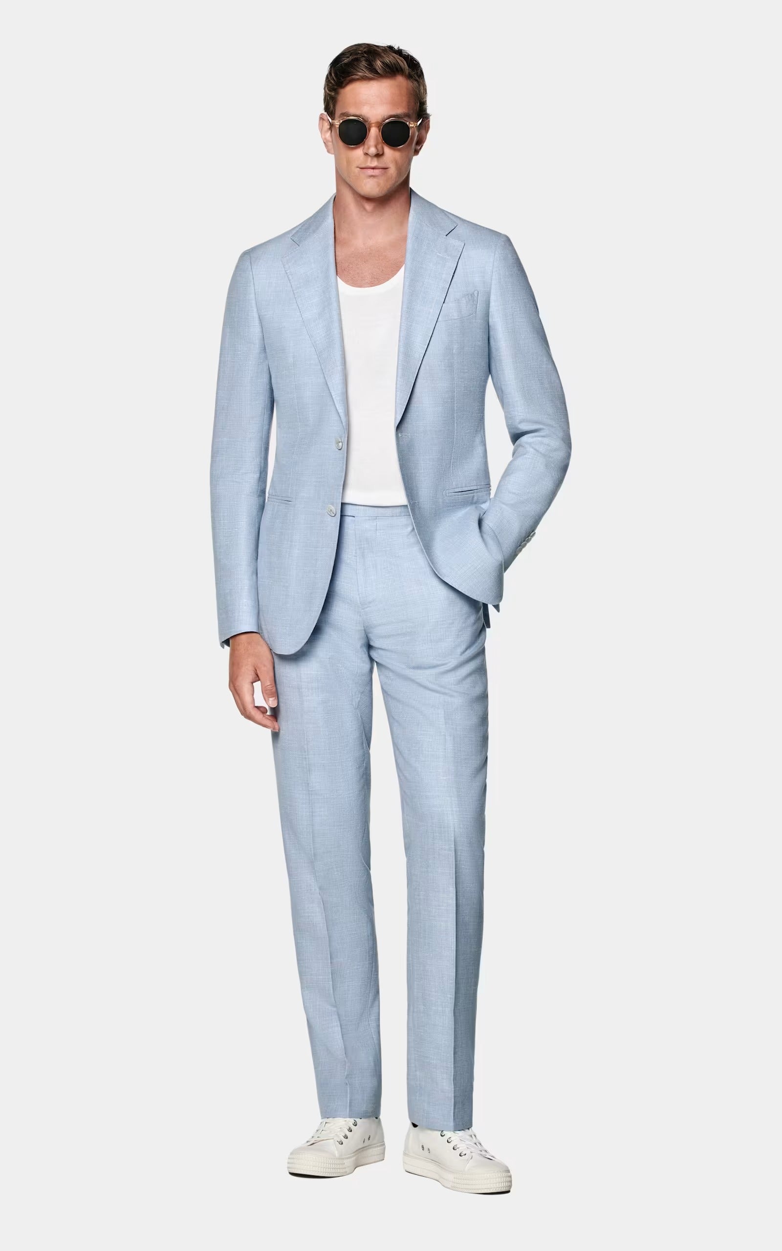 Light Blue Piece Summer Linen Double Button Casual Slim Fit Men Suit