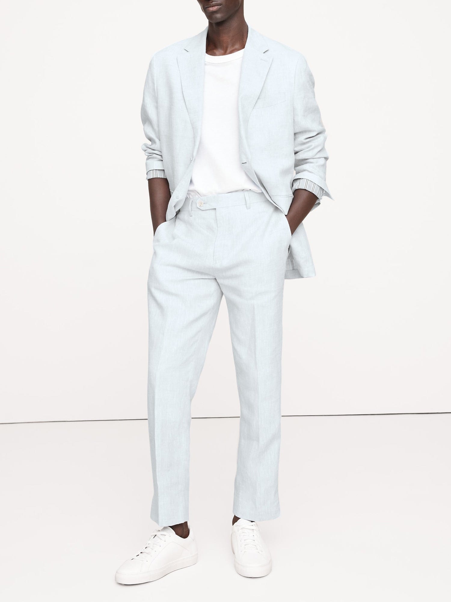 aesido Light Blue 2 Piece Summer Linen Double Buttons Casual Men's Suit