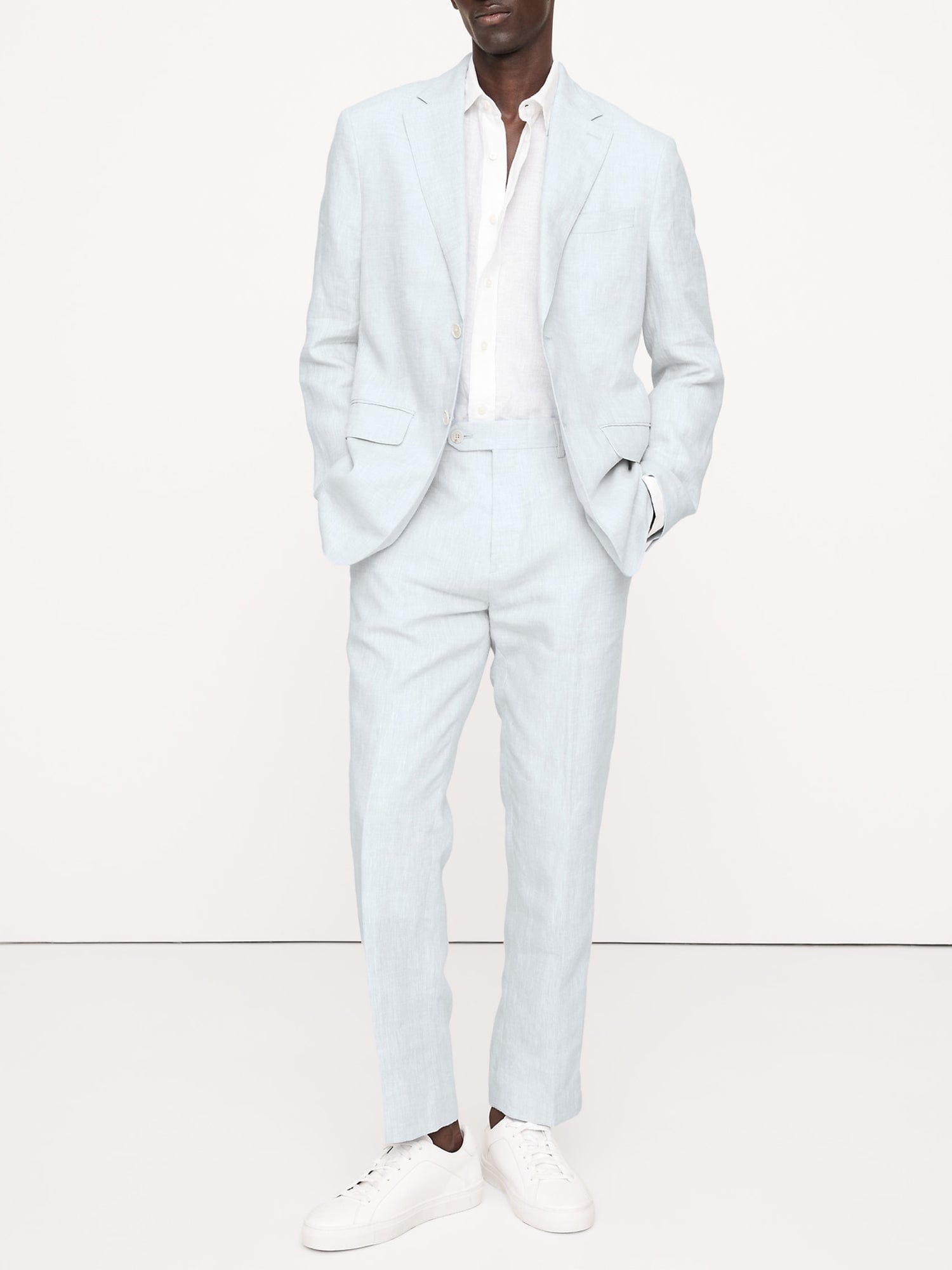 aesido Light Blue 2 Piece Summer Linen Double Buttons Casual Men's Suit